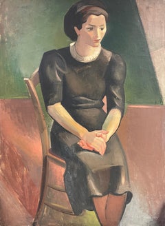 Huge 1930's Portrait of Young Lady seated in Chair Cubist, signed oil