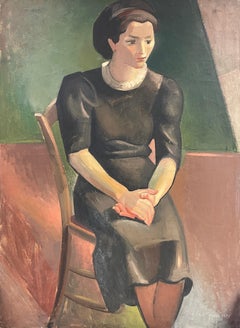 Grand portrait de jeune femme assise sur une chaise cubiste des années 1930, signé à l'huile