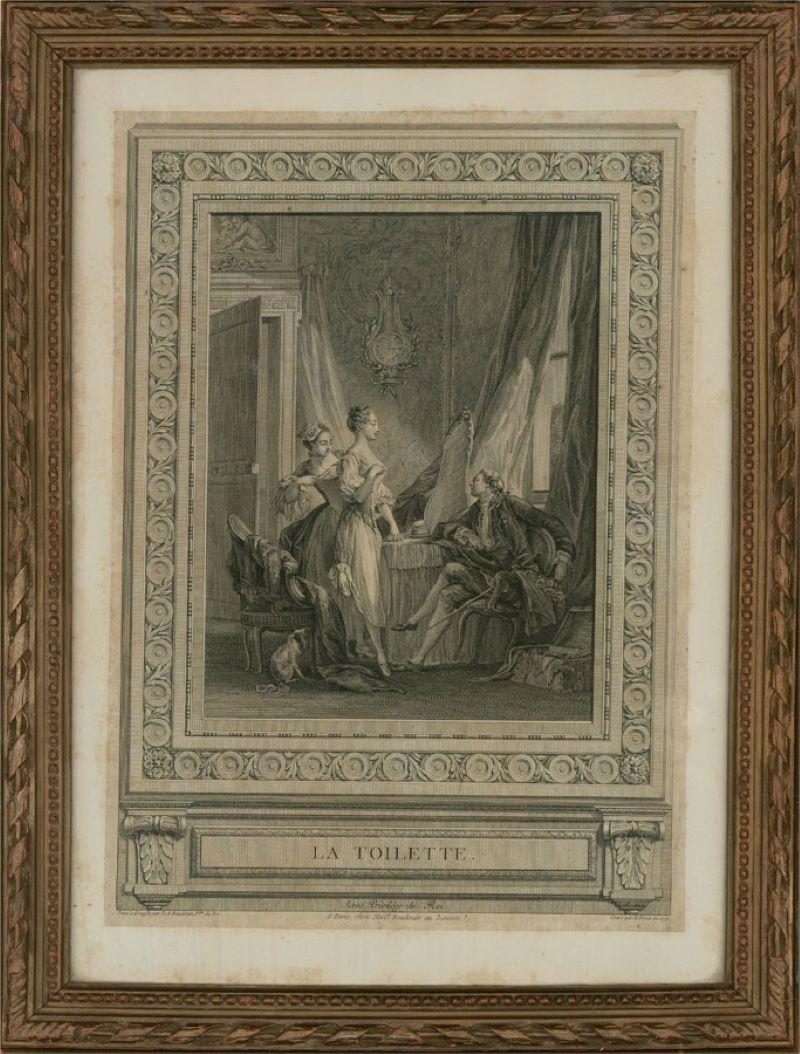 A fin Georgian engraving showing a young woman in her Toilette with a maid servant unfastening her corset as a young man looks on in admiration from a chair by the window. The engraving has fine architectural borders and an inscription at the lower