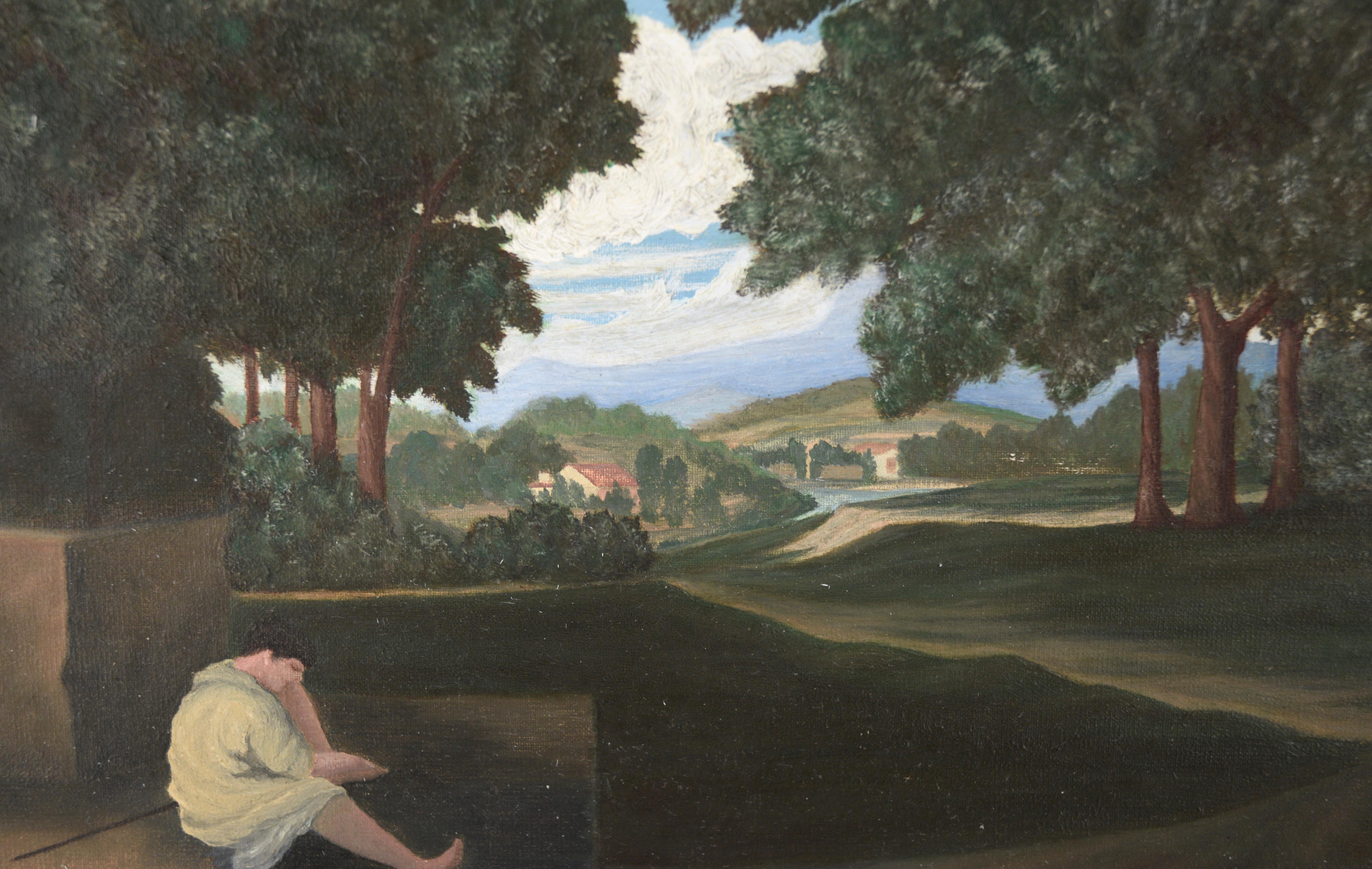 Étude du paysage de Nicolas Poussin avec un homme se lavant les pieds à l'huile sur carton+.

Étude à petite échelle de la célèbre œuvre de Poussin par un artiste inconnu (début du 20e siècle). Un homme est assis à gauche de la composition - dans