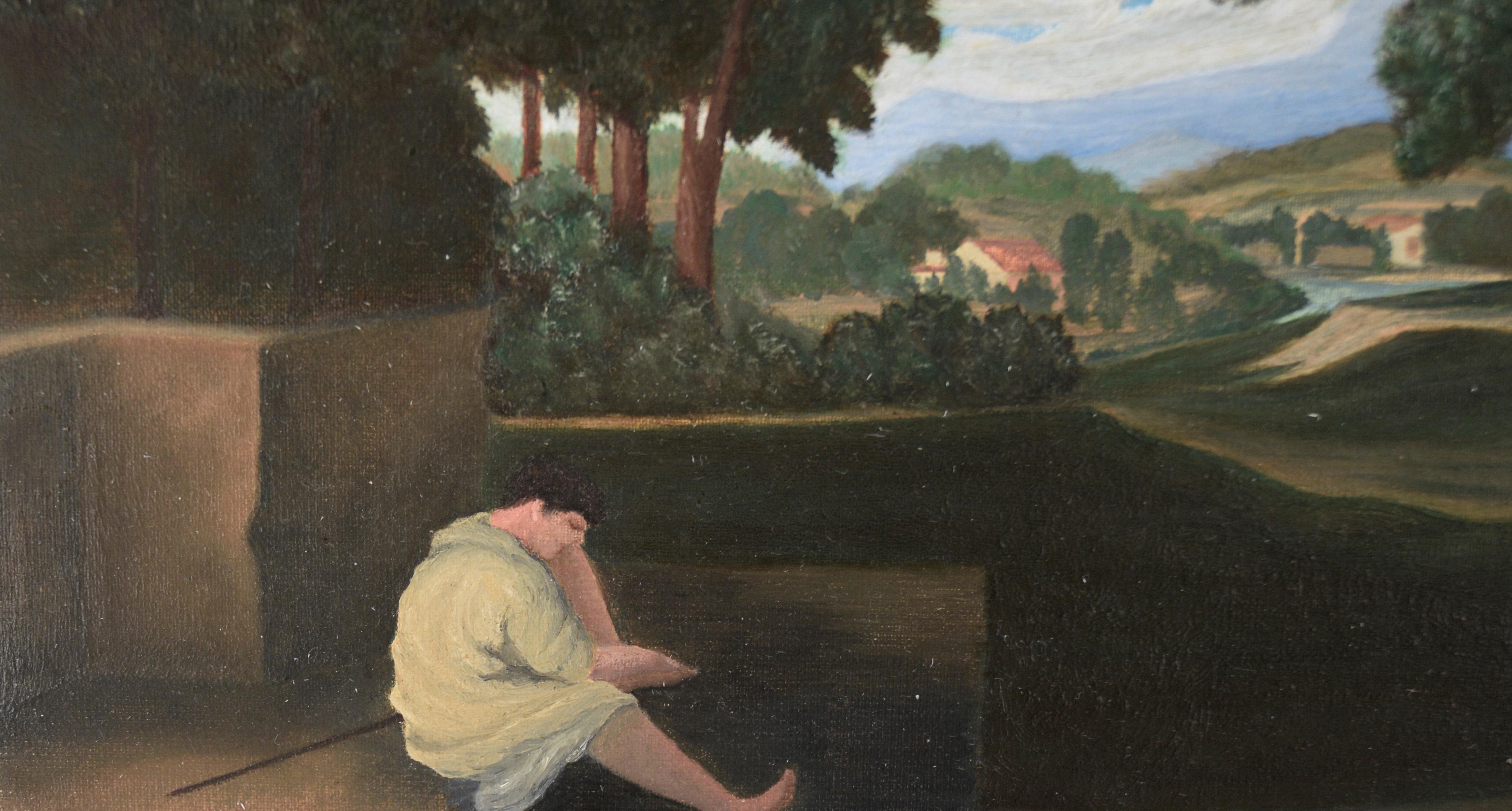 Étude d'un paysage de Nicolas Poussin avec un homme lavant ses pieds à l'huile sur panneau en vente 1