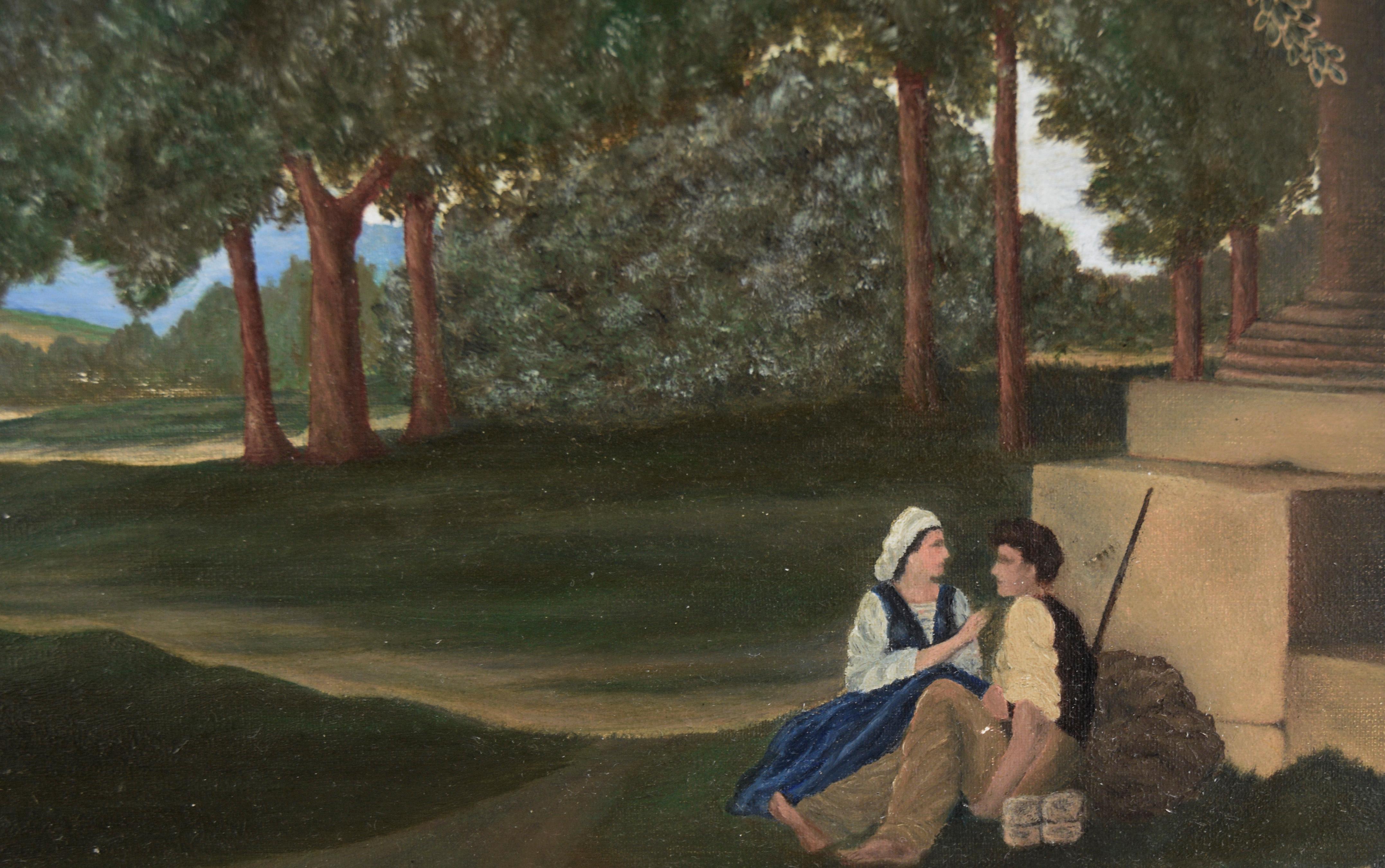 Étude d'un paysage de Nicolas Poussin avec un homme lavant ses pieds à l'huile sur panneau en vente 2
