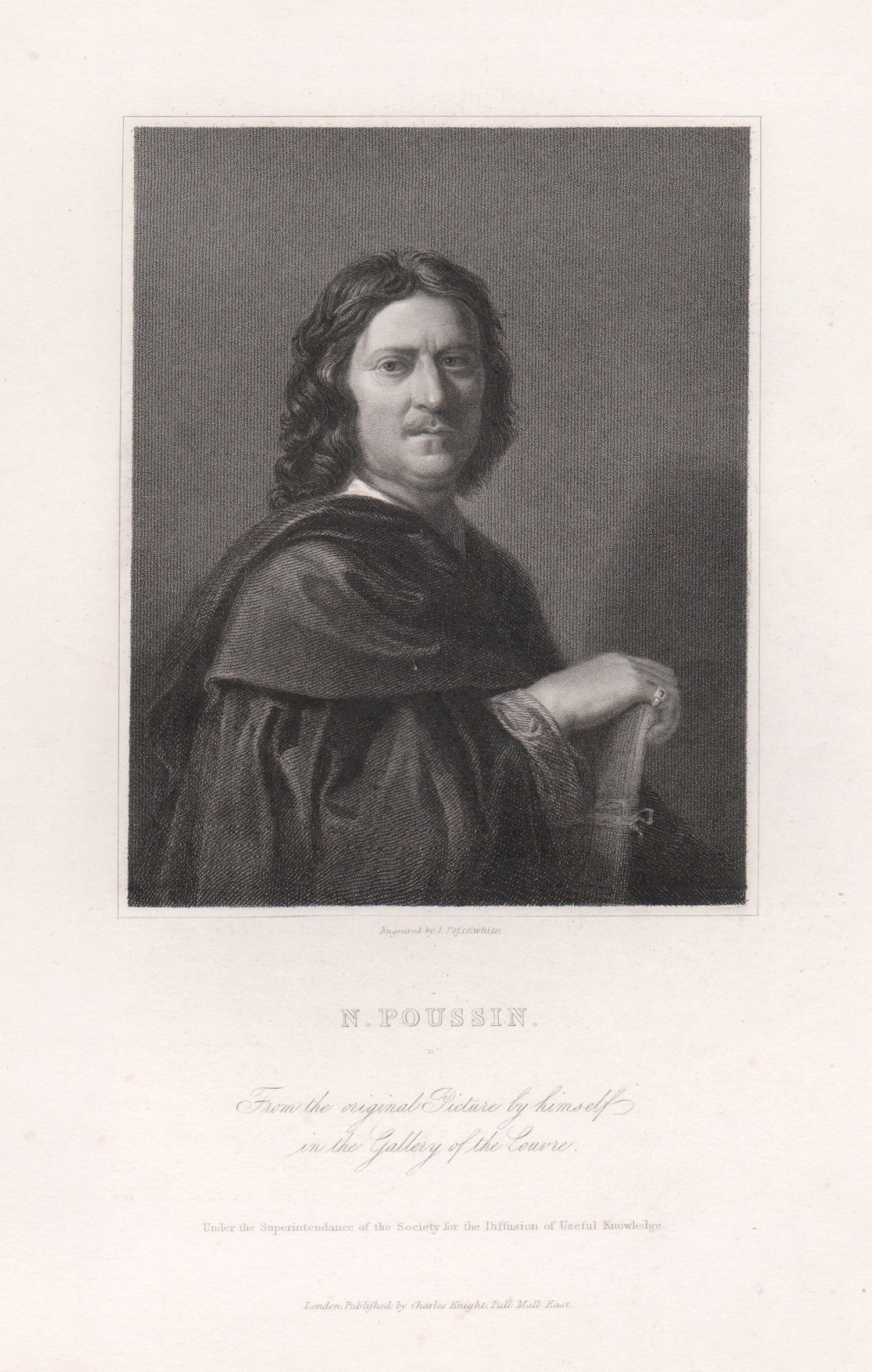 Nicolas Poussin, pintor francés, grabado retrato de artista del siglo XIX
