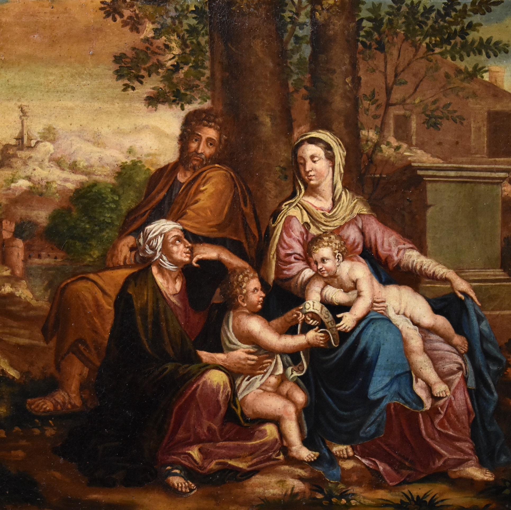 Holy Family Poussin Paint Oil on canvas Old master 17th Century Religious Art - Brown Landscape Painting by Nicolas Poussin (Les Andelys 1594 - Rome 1665)