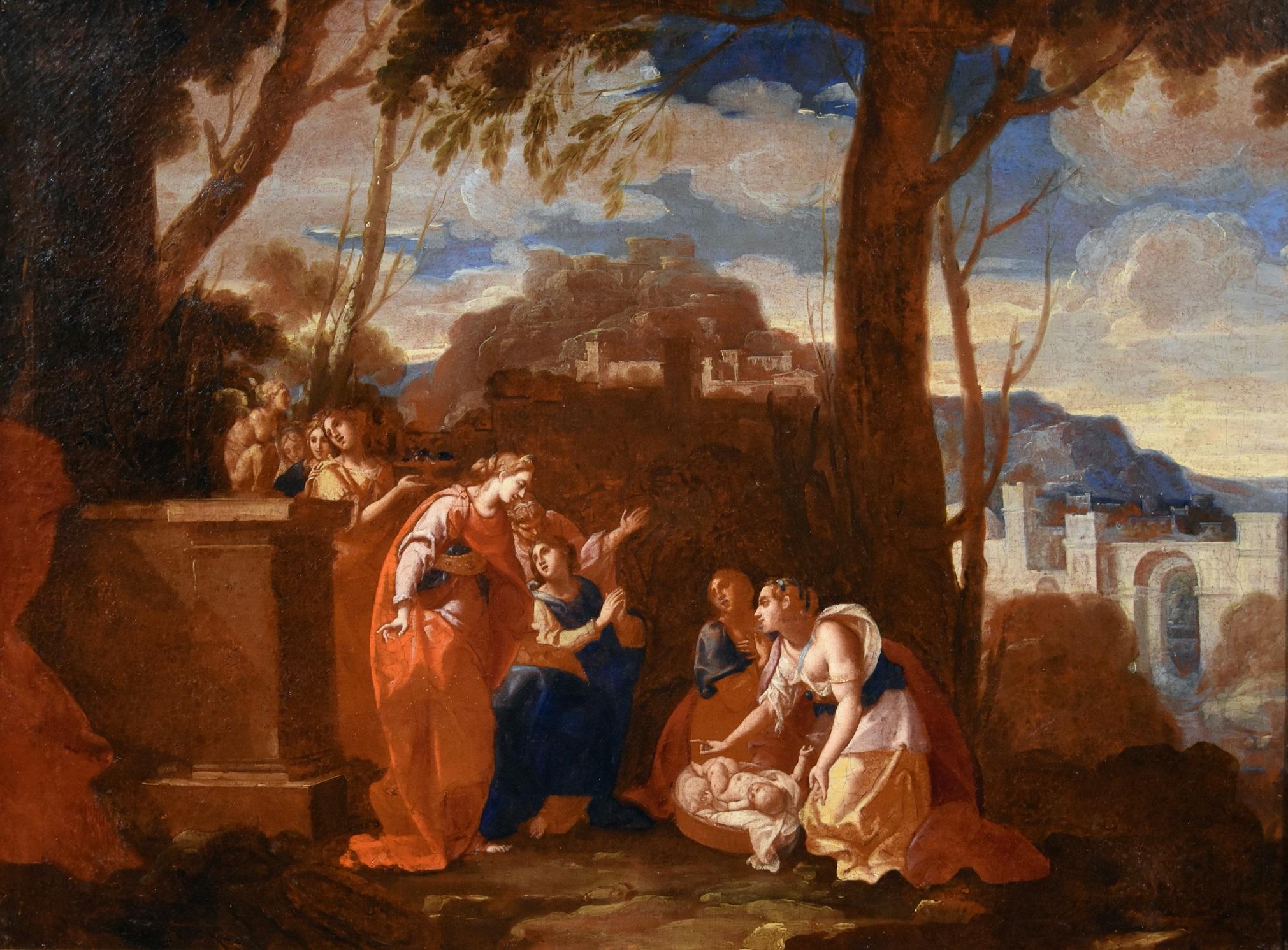 Peinture à l'huile sur toile de Poussin, paysage de Moïse, ancien maître, XVIIe siècle, Italie Art