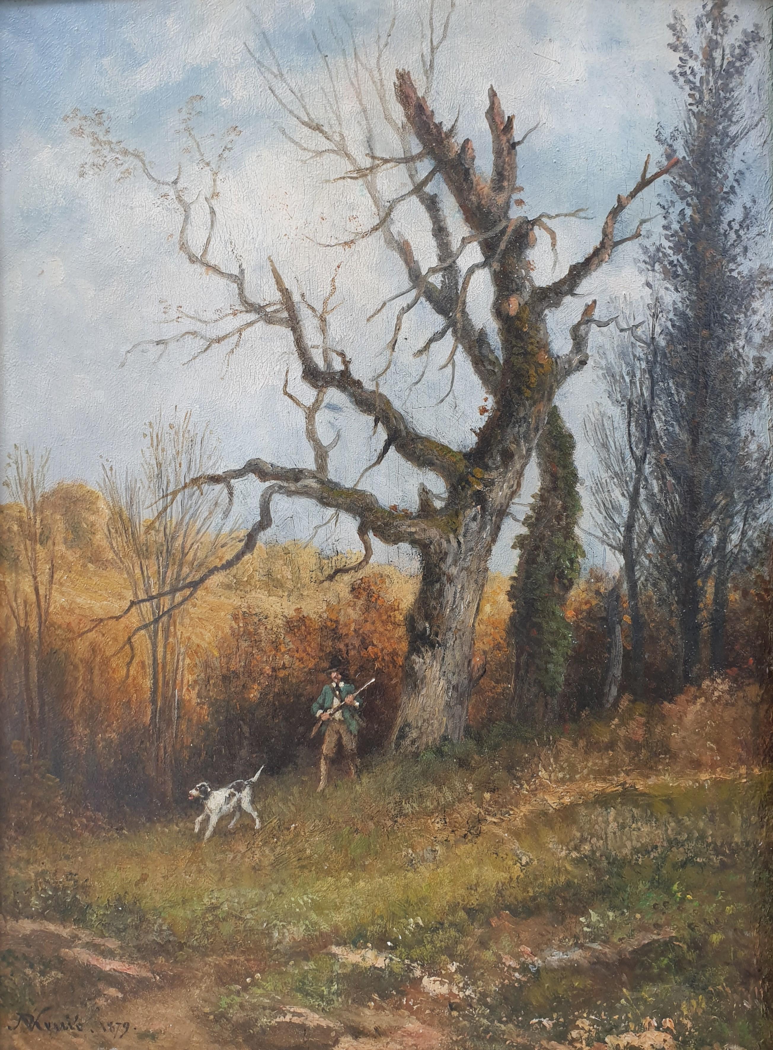 RENIE Barbizon Hunter Hound Hunt French Impressionnist 19th - Impressionist Painting by Nicolas Renie