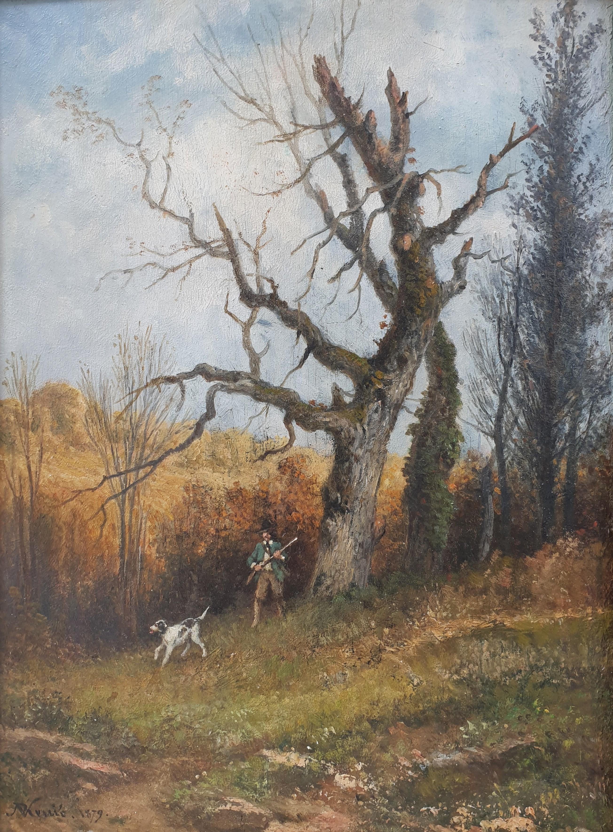 RENIE Barbizon Hunter Hound Hunt French Impressionnist 19th  - Impressionist Painting by Nicolas Renie