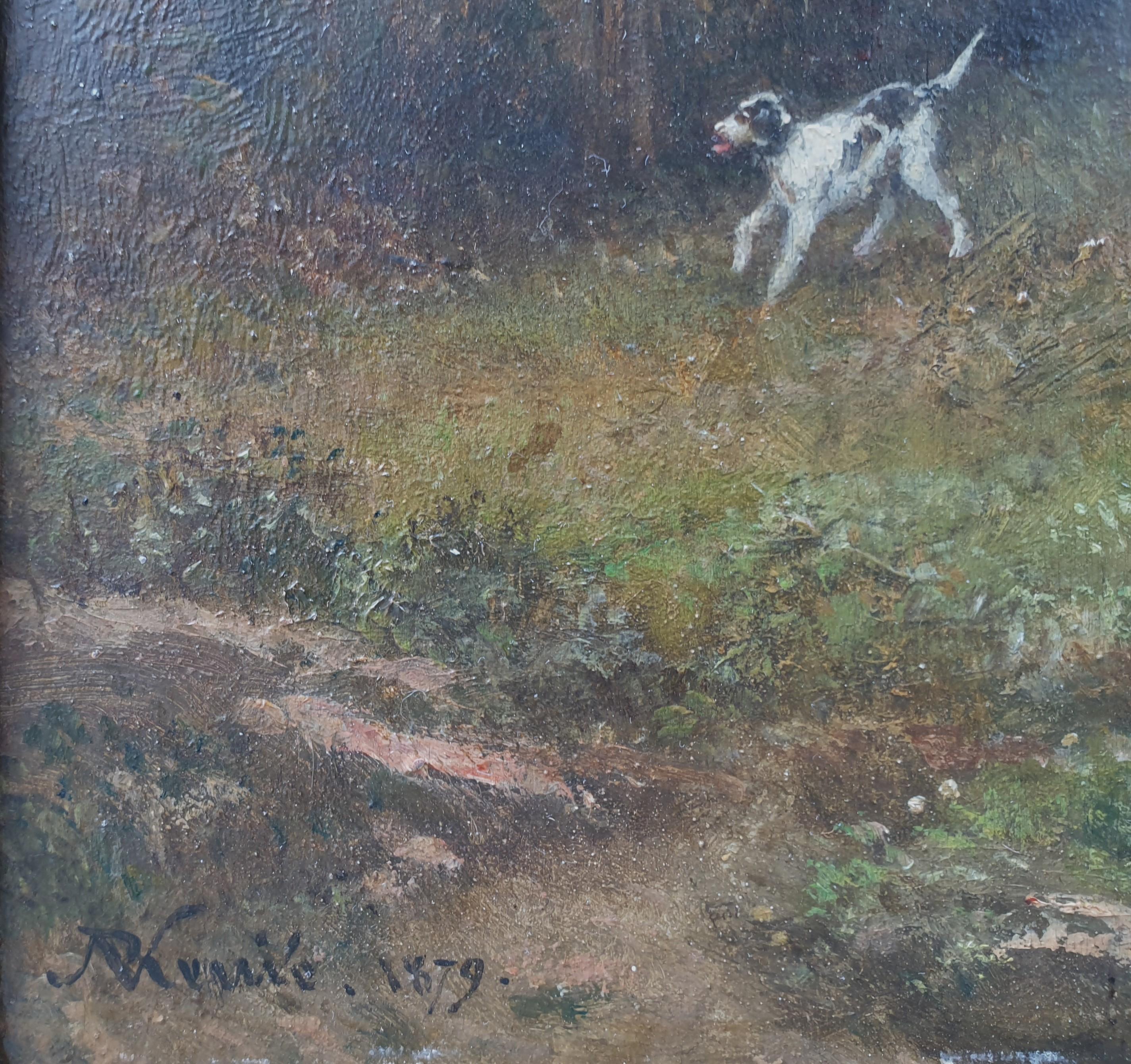 RENIE Barbizon Hunter Hound Hunt French Impressionniste 19e siècle  - Marron Landscape Painting par Nicolas Renie
