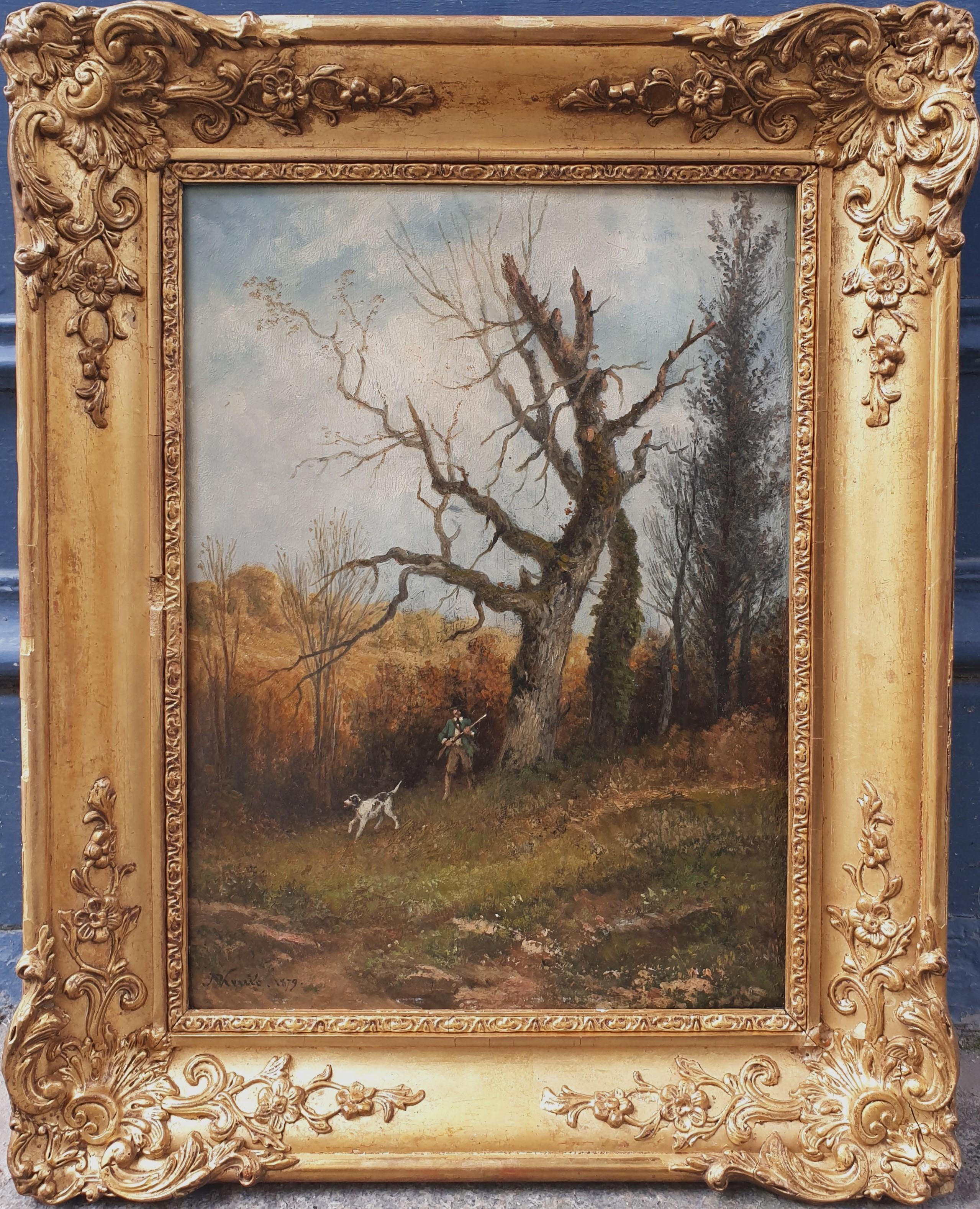 Nicolas Renie Landscape Painting - RENIE Barbizon Hunter Hound Hunt French Impressionnist 19th 