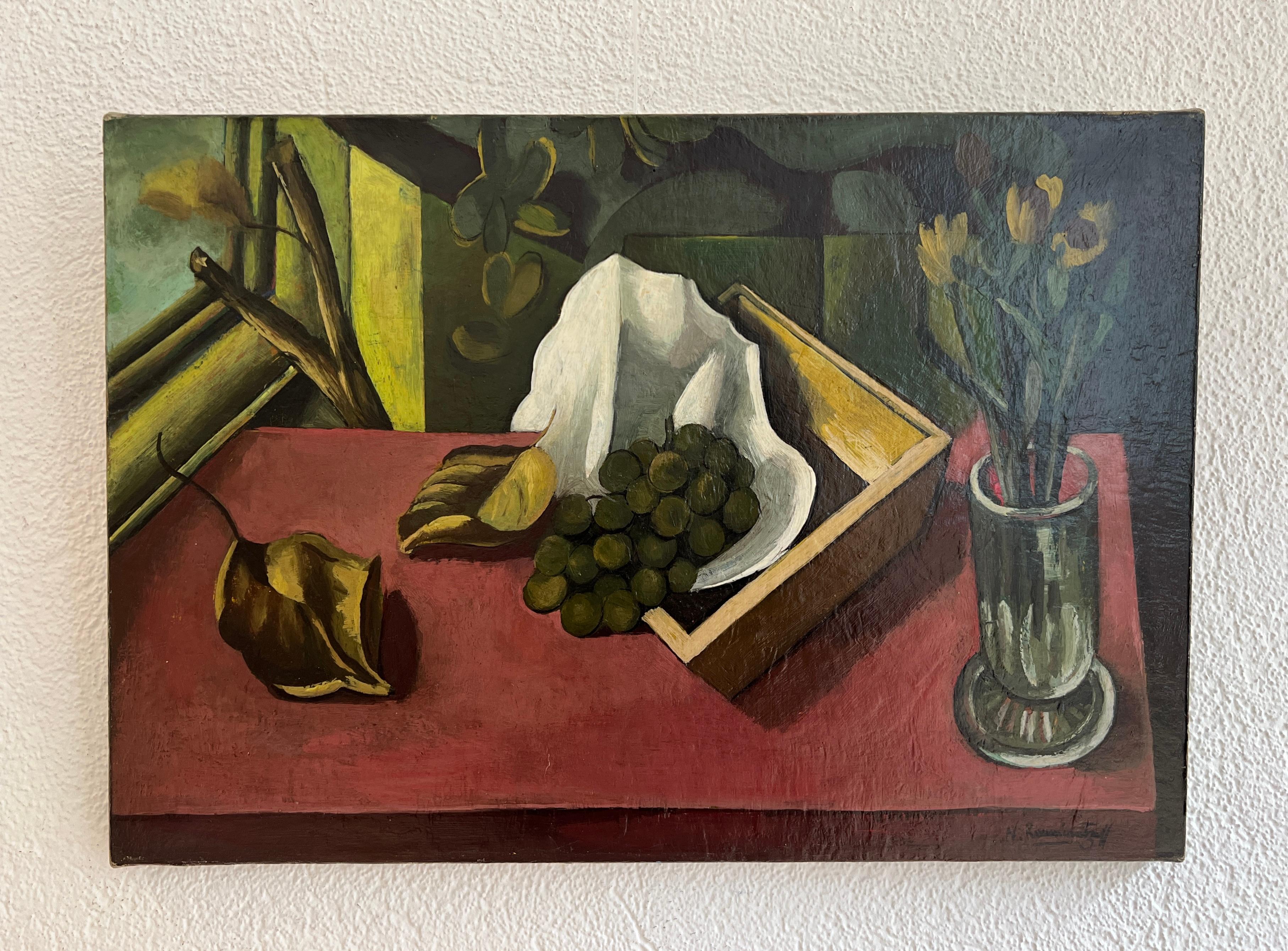 Bunch aus Trauben, toten Blättern und Blumenstrauß – Painting von Nicolas Roumiantzeff
