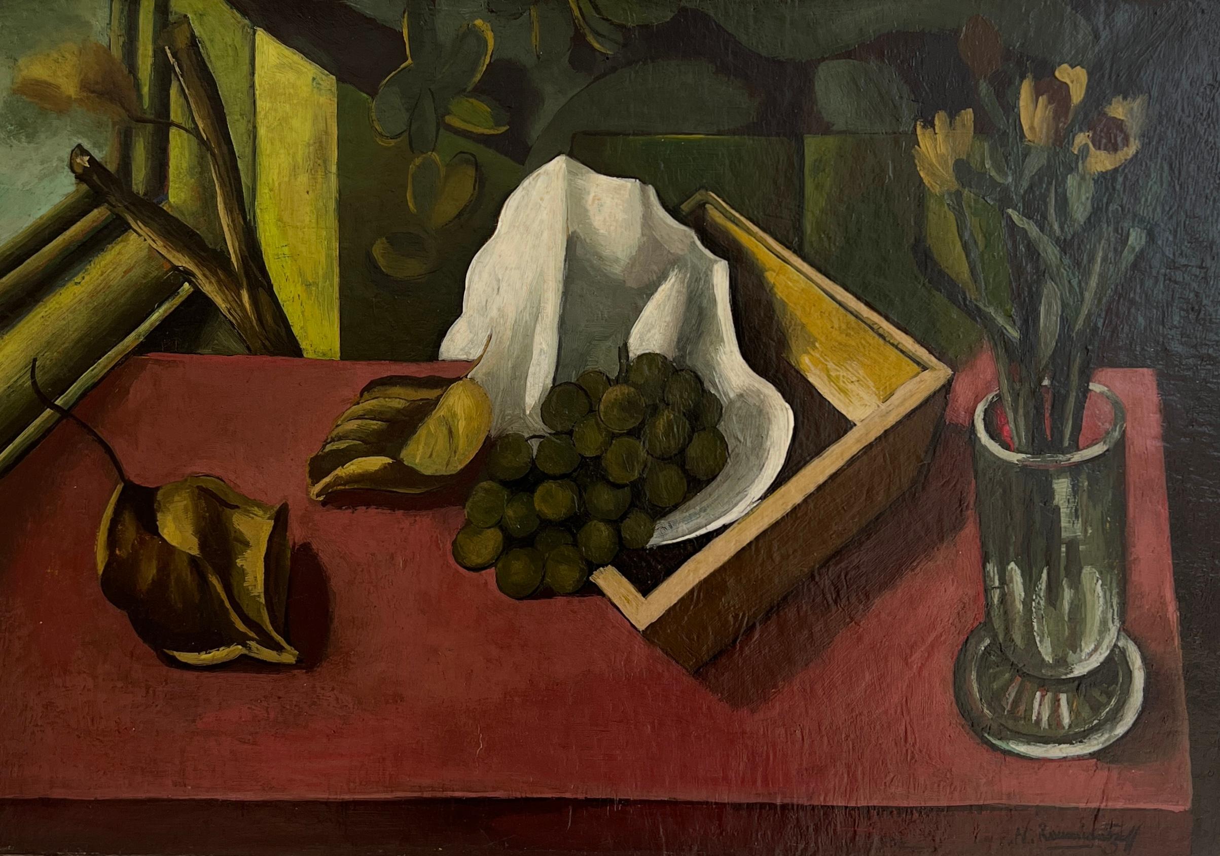 Nicolas Roumiantzeff Still-Life Painting – Bunch aus Trauben, toten Blättern und Blumenstrauß