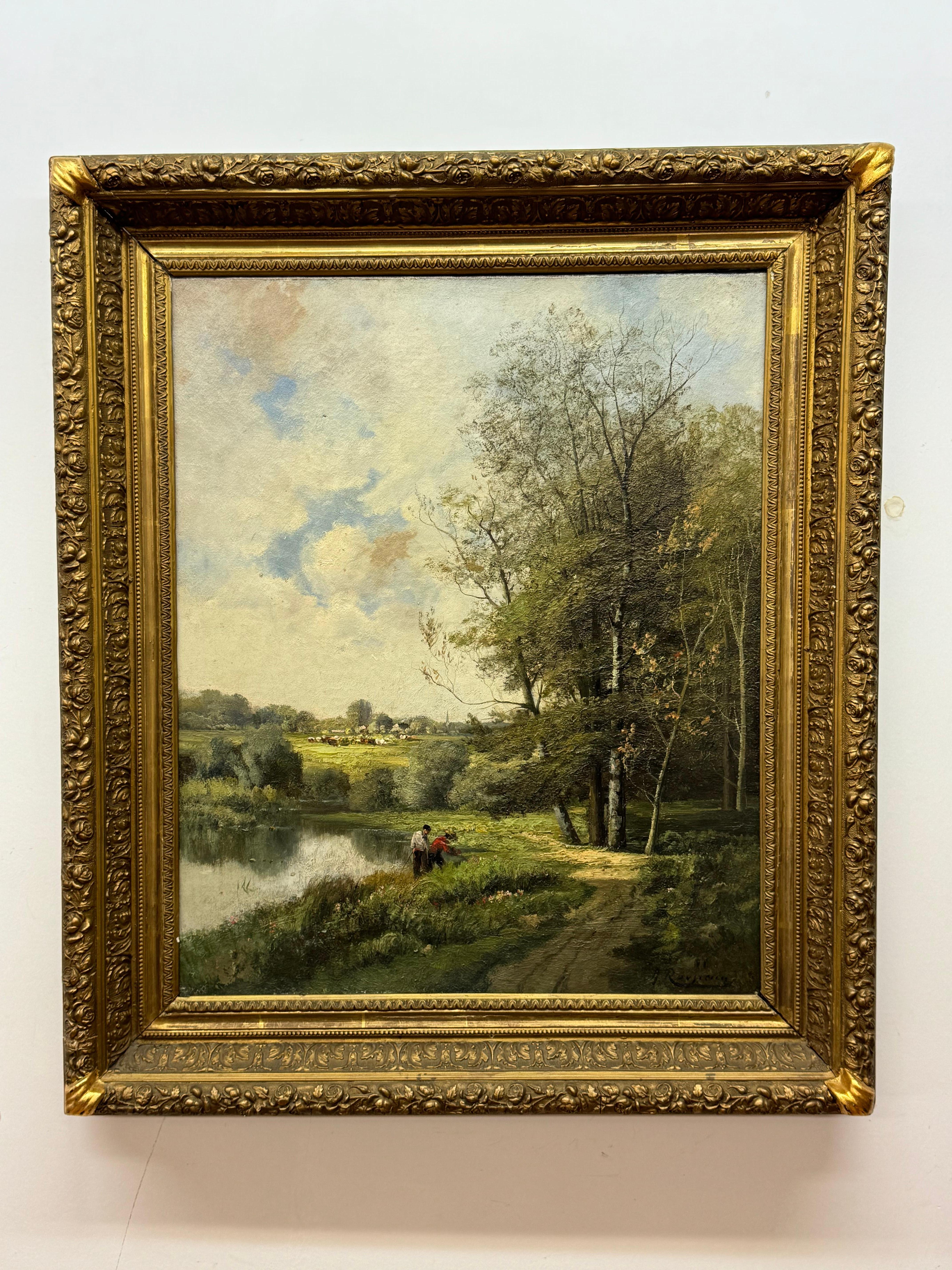 Nicolas Rousseau, 19. Jahrhundert, Landschaft. Pfad mit Figuren an einem Fluss. Öl auf Leinwand. Signiert unten rechts. 24,5 x 28,75 gerahmt, 18 x 22 ungerahmt. 