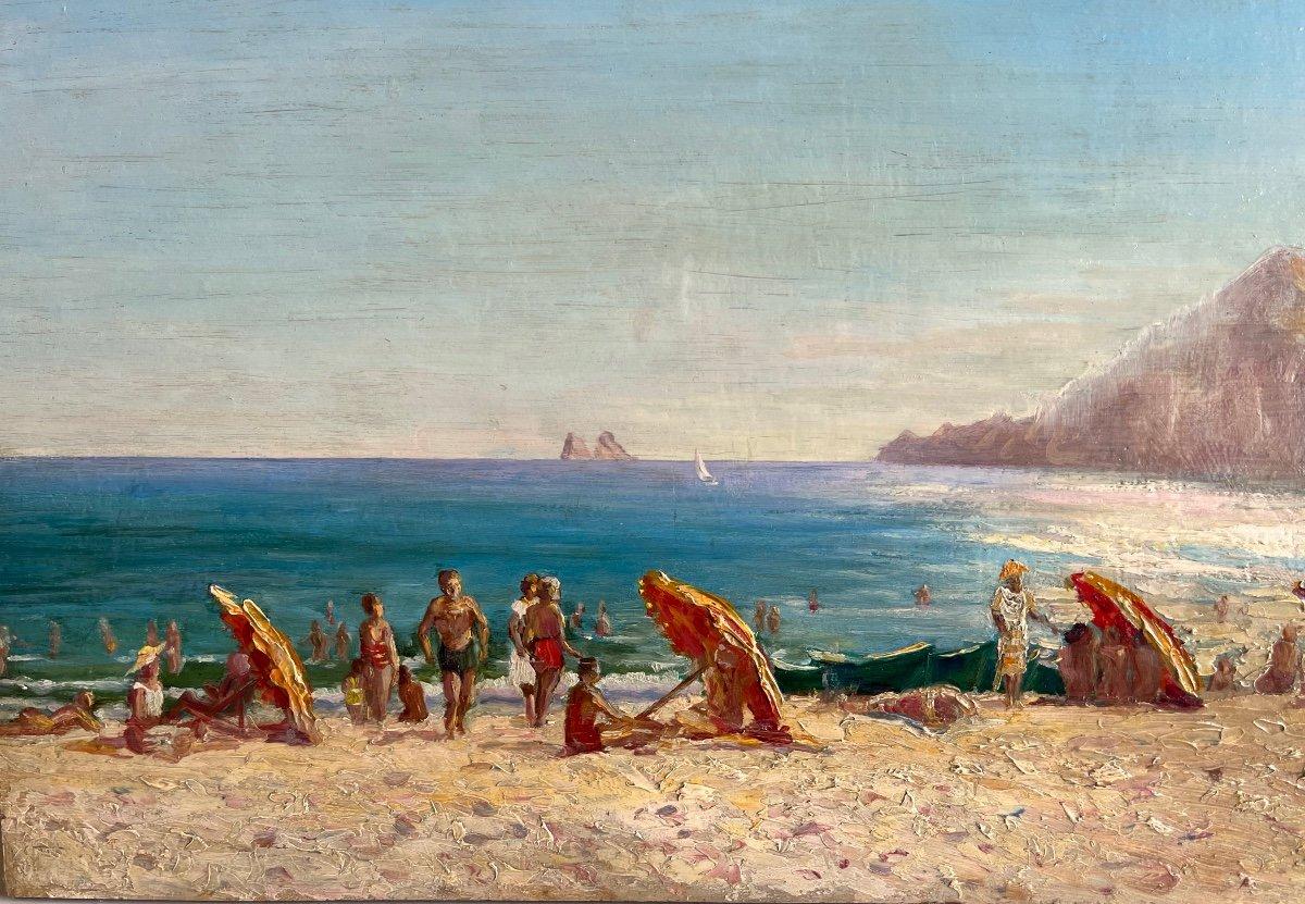 Beach in the South of France, original oil on wood, Impressionist French - Brown Figurative Painting by Nicolas Safronoff