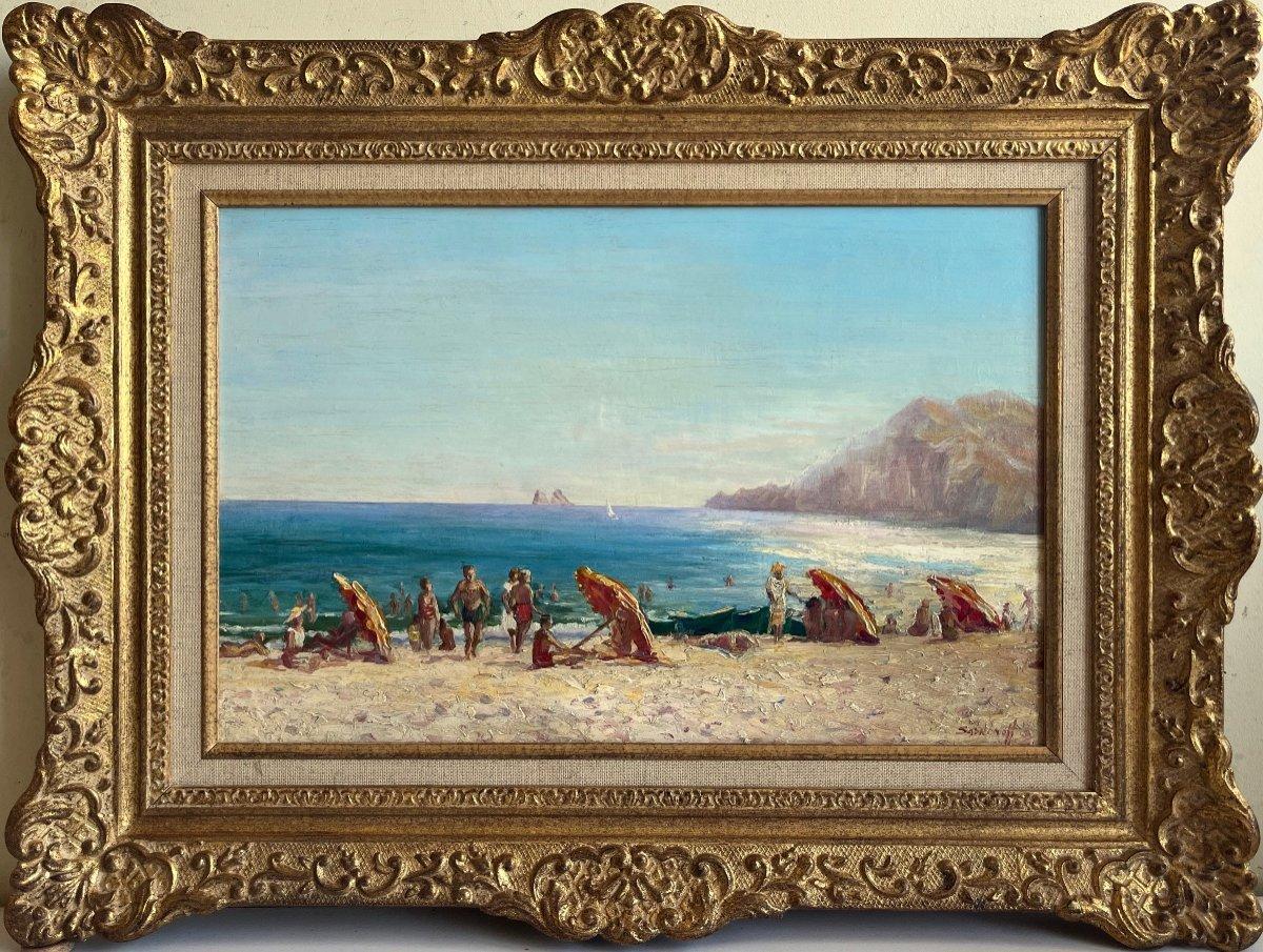 Nicolas Safronoff Figurative Painting - Beach in the South of France, original oil on wood, Impressionist French