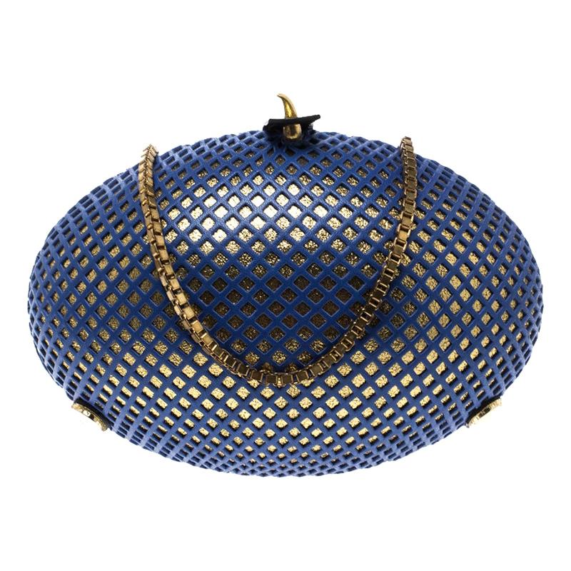 Nicolas Theil Blue and Metallic Gold Leather Mesh Egg Clutch