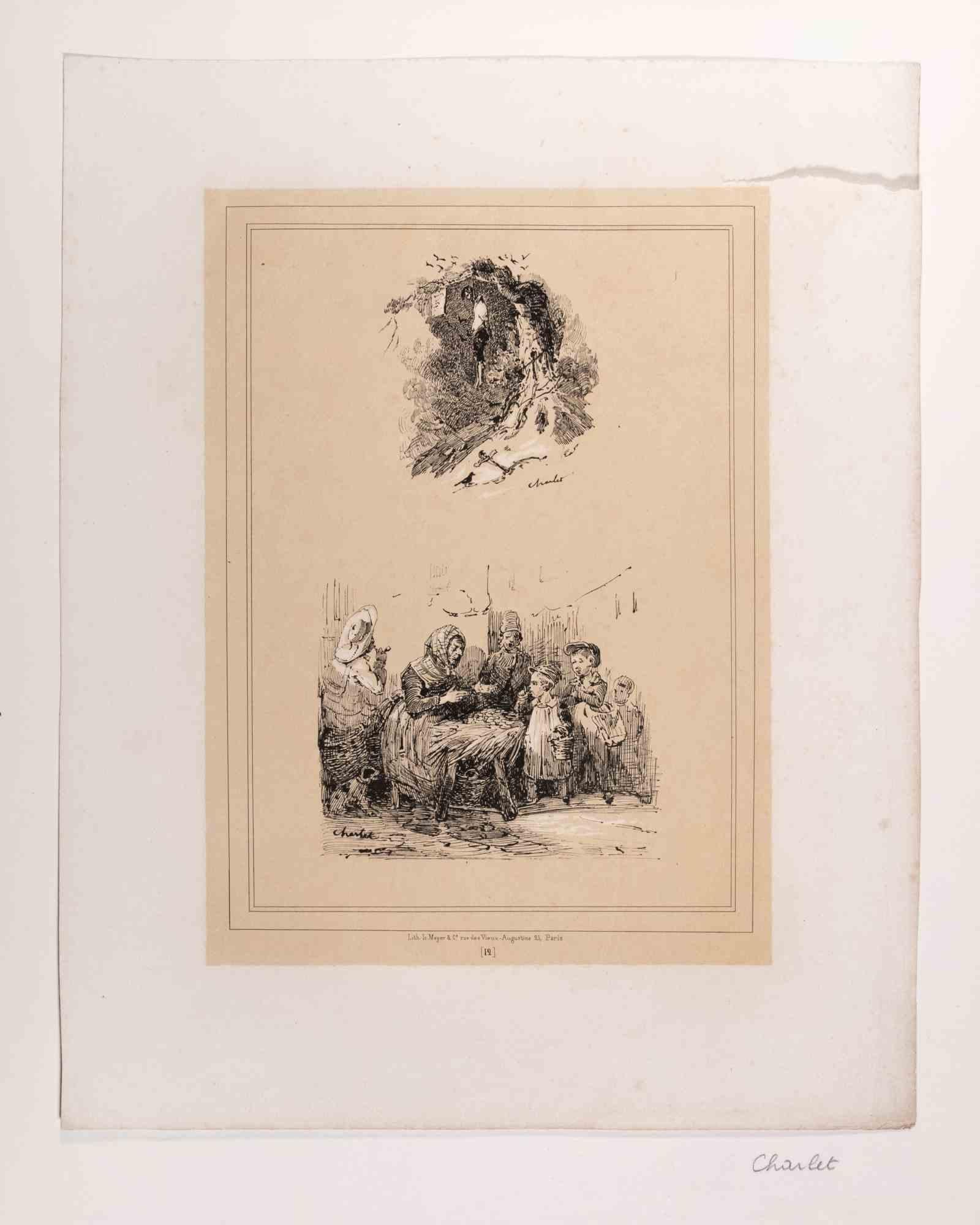 La grand-mère raconte un conte à ses petits-enfants est une oeuvre d'art originale réalisée par Nicolas Toussaint Charlet (1792-1845). Lithographie. Signé dans la plaque en bas à gauche et sous la deuxième image. N'est pas daté mais on peut lui