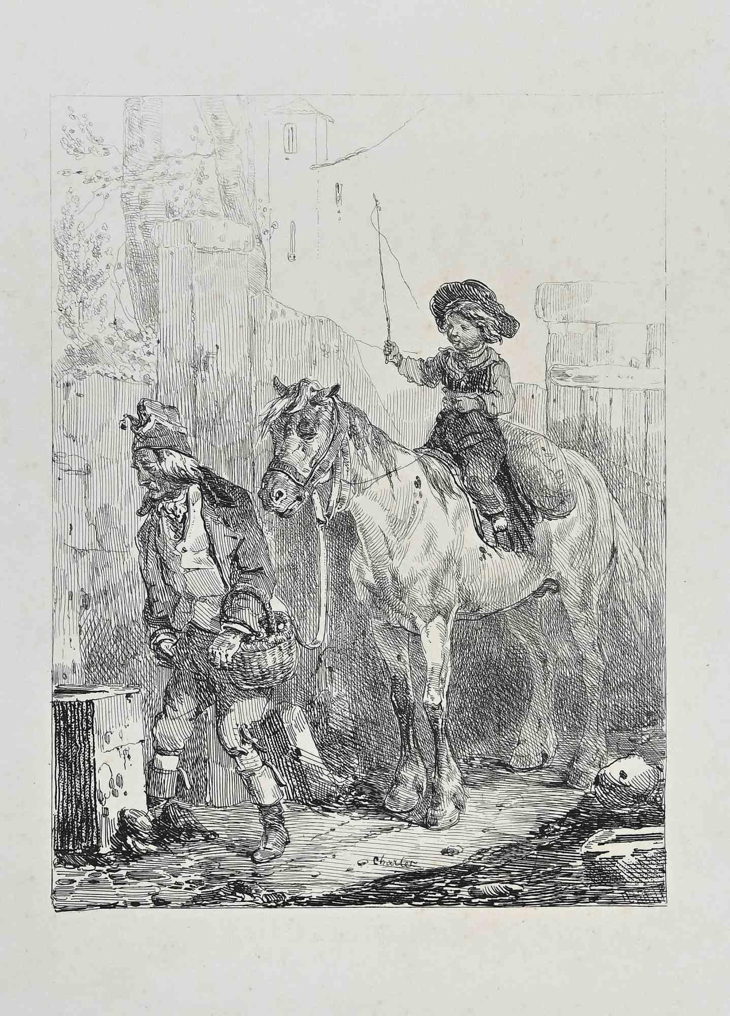 Young Boy Rider-Original Etching by  Nicolas Toussaint Charlet-Mid 19th century