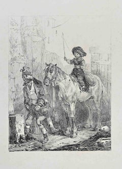 Antique Young Boy Rider-Original Etching by  Nicolas Toussaint Charlet-Mid 19th century