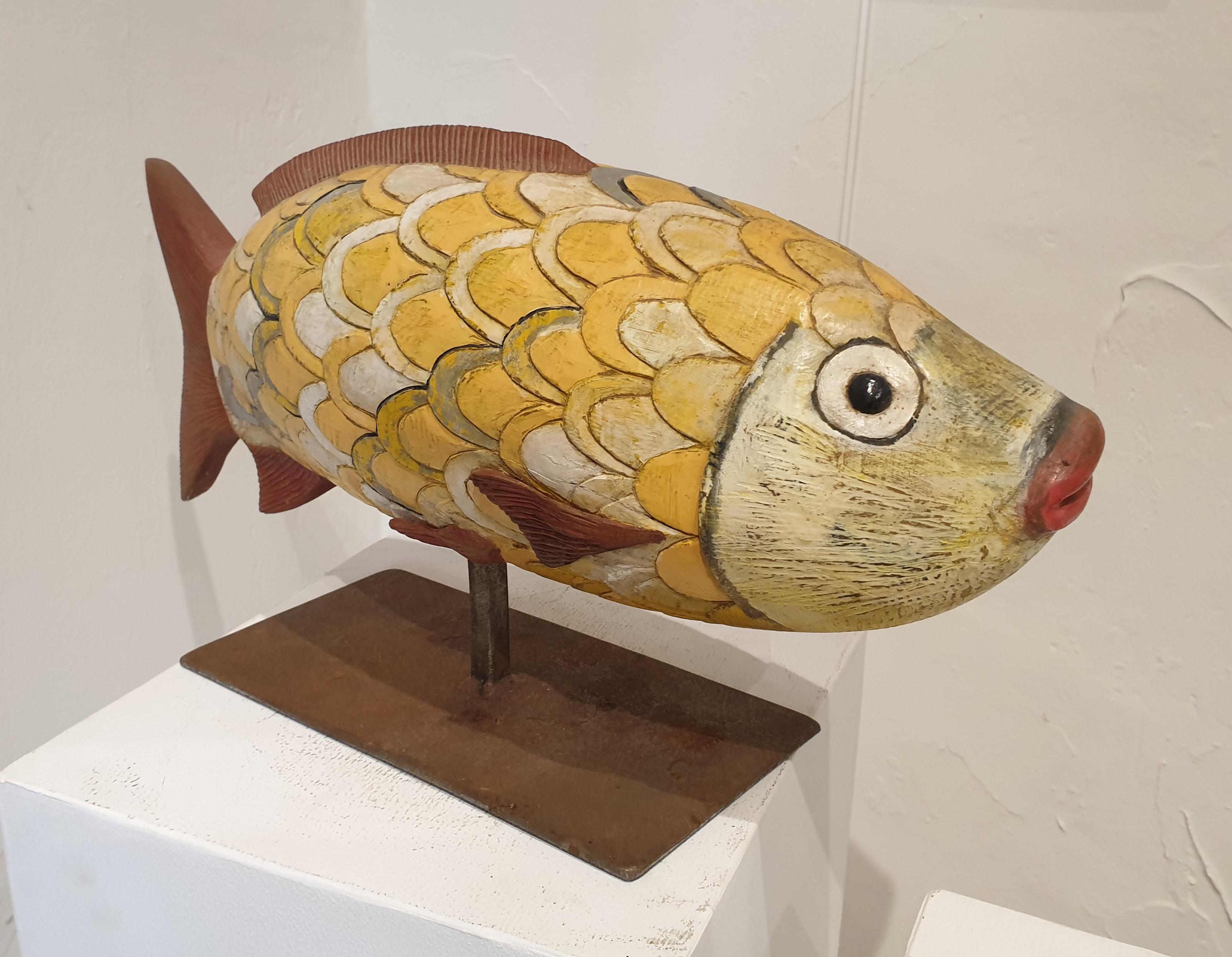 1980s sculpture of a fish carved in wood and colourfully painted in oils, presented on a metal base and tige, by French artist Nicolas Valabrègue, signed and dated 1988 to the underside.

Born in 1950 in Marseille (Bouche-du-Rhône), Nicolas