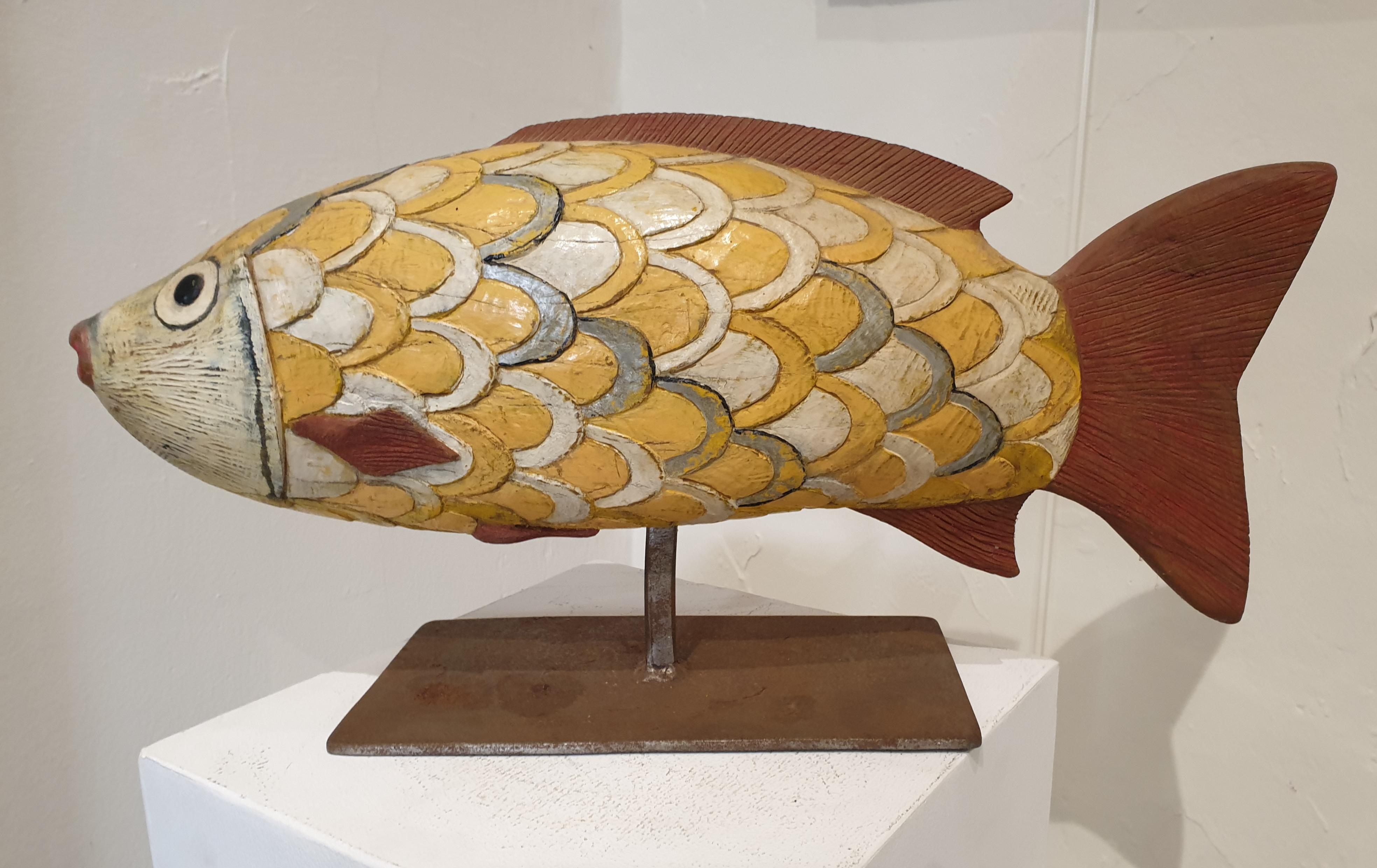 Nicolas Valabrègue Still-Life Sculpture - Sculpture of a Fish in Painted and Carved Wood. Le Poisson.