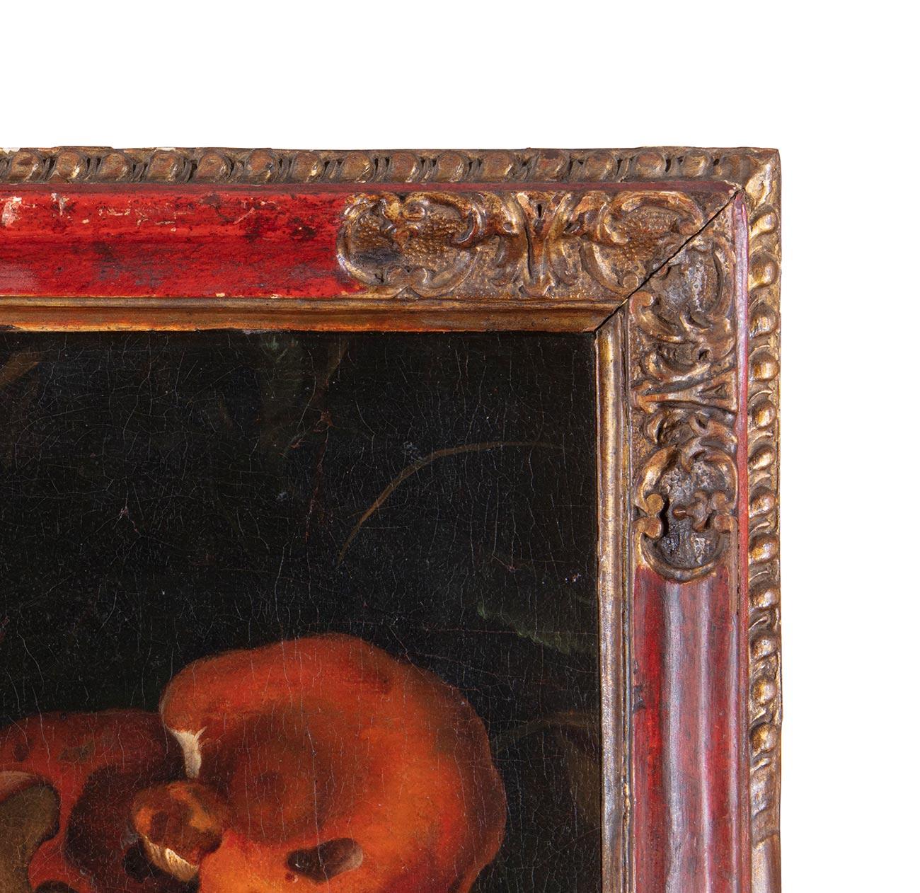 Nicolas Van Houbraken (Messine, 1668 - Pise, 1733)

Nature morte avec champignons

Huile sur toile, cm. 26 x 32 - avec cadre cm. 38,5 x 33,5
Cadre en cassetta ancien fait de bois sculpté et de pièces laquées cramoisi

Particulièrement apprécié à la