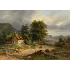 Landscape With Cottage, Lake & Figures, 19th-Century Oil Painting
