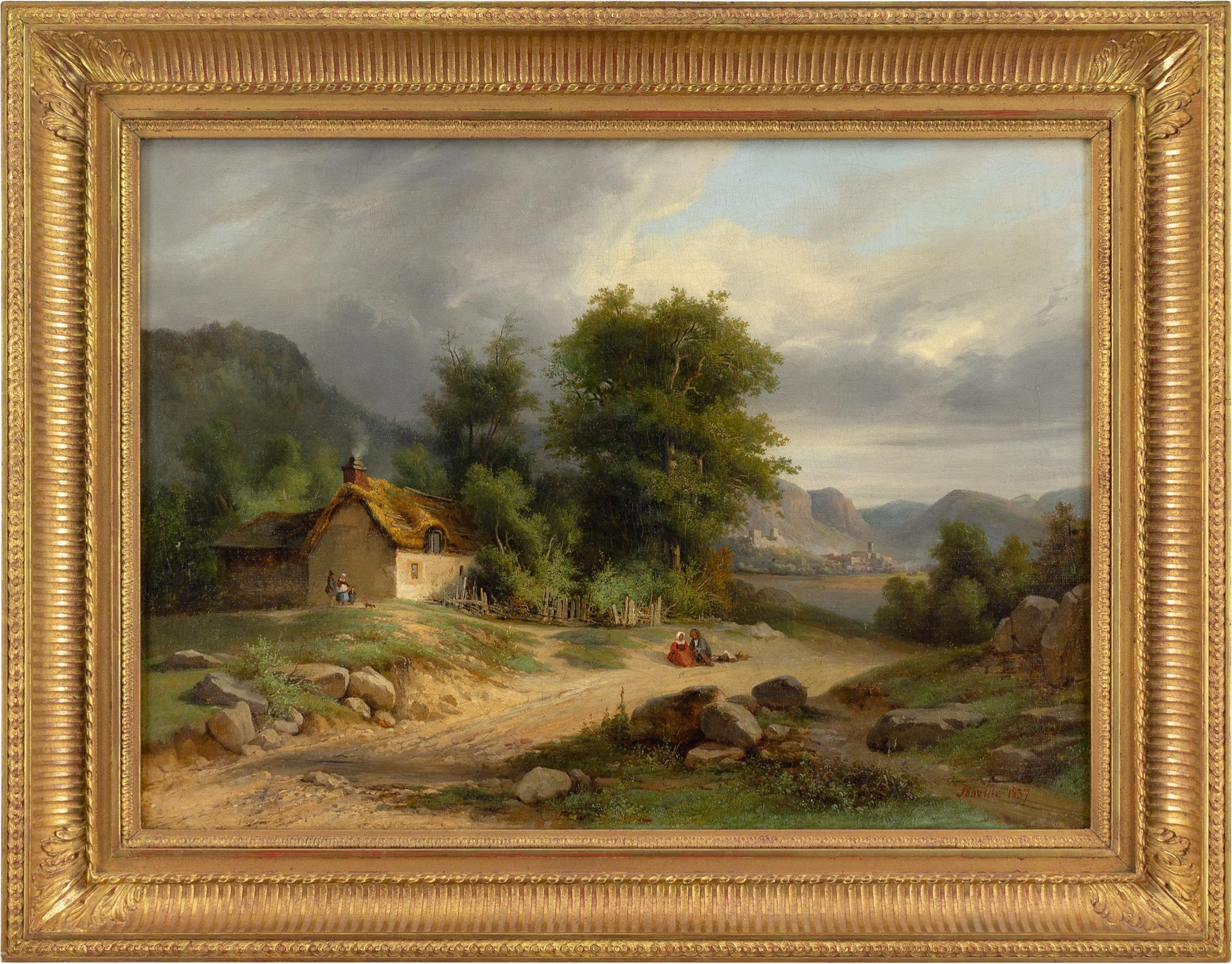 Nicolas Victor Fonville Figurative Painting - Landscape With Cottage, Lake 
Figures, 19th-Century Oil Painting