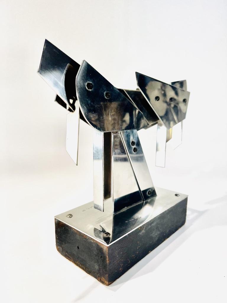 Brazilian Nicolas Vlavianos Greek steel 1974 sculpture with wood base signed For Sale