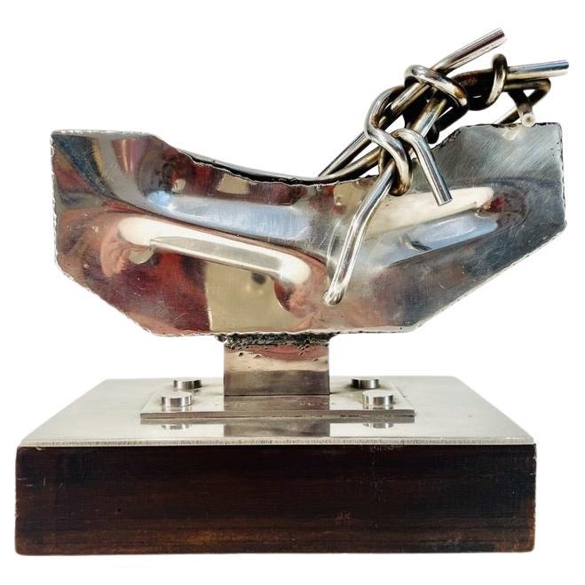 Nicolas Vlavianos Greek steel 1974 sculpture with wood base signed For Sale