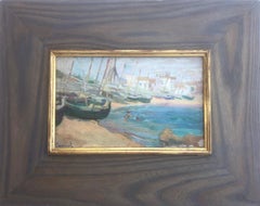 Boats on the beach oil on board painting spanish seascape Spain