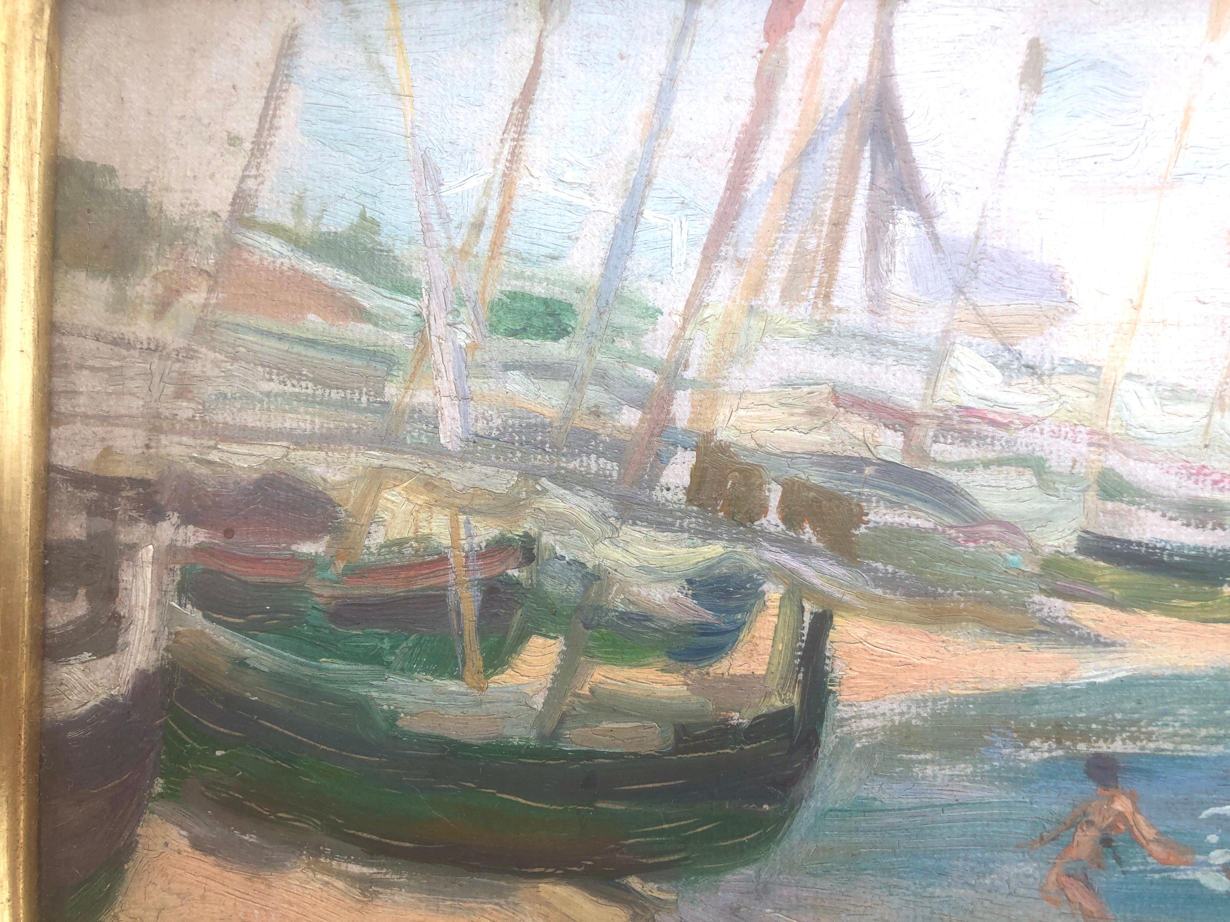 Boats on the beach oil on board painting spanish seascape Spain - Impressionist Painting by Nicolau Raurich Petre