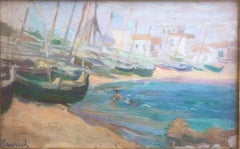 Vintage Boats on the beach oil on board painting spanish seascape Spain