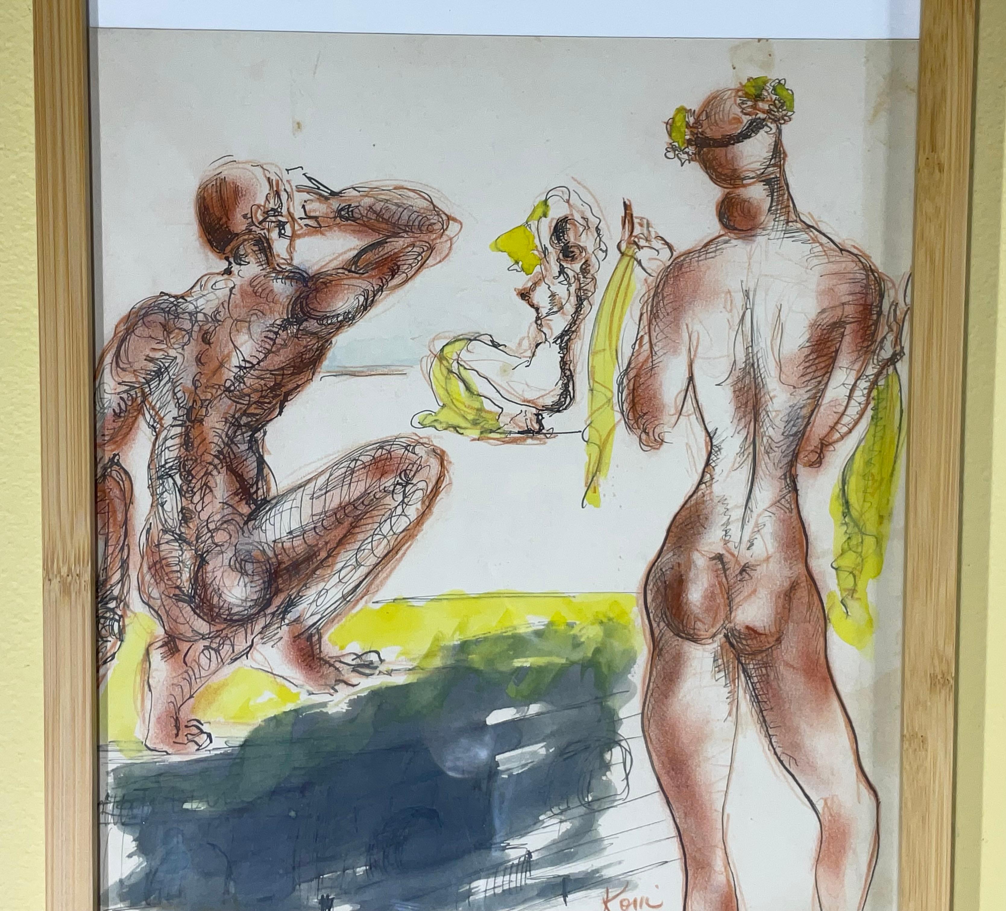 Peint à la main Nicolaus Koni Nude Œuvre originale sur papier en vente