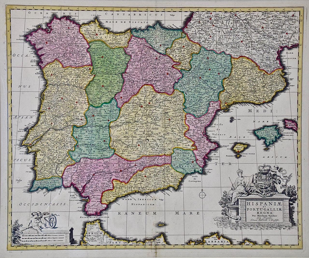 Nicolaus Visscher Landscape Print - Spain and Portugal: A Hand-colored 17th/18th Century Map by Visscher 
