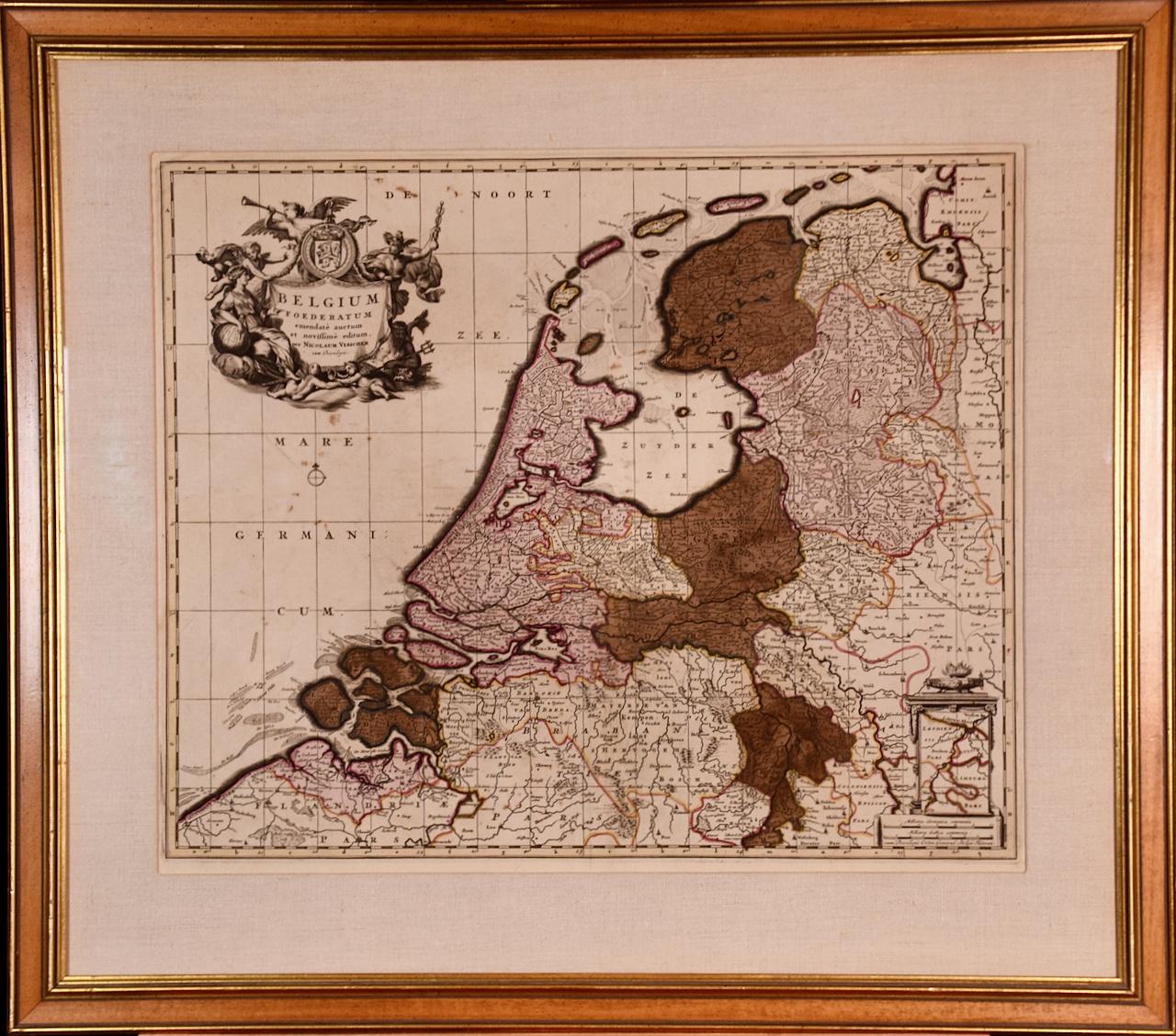 Nicolaus Visscher Print - Belgium and the Netherlands: A Hand-colored 17th Century Map by Visscher 