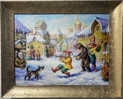 Artist Dobritsin Oil painting on canvas, Genre scene "Along the street" Framed