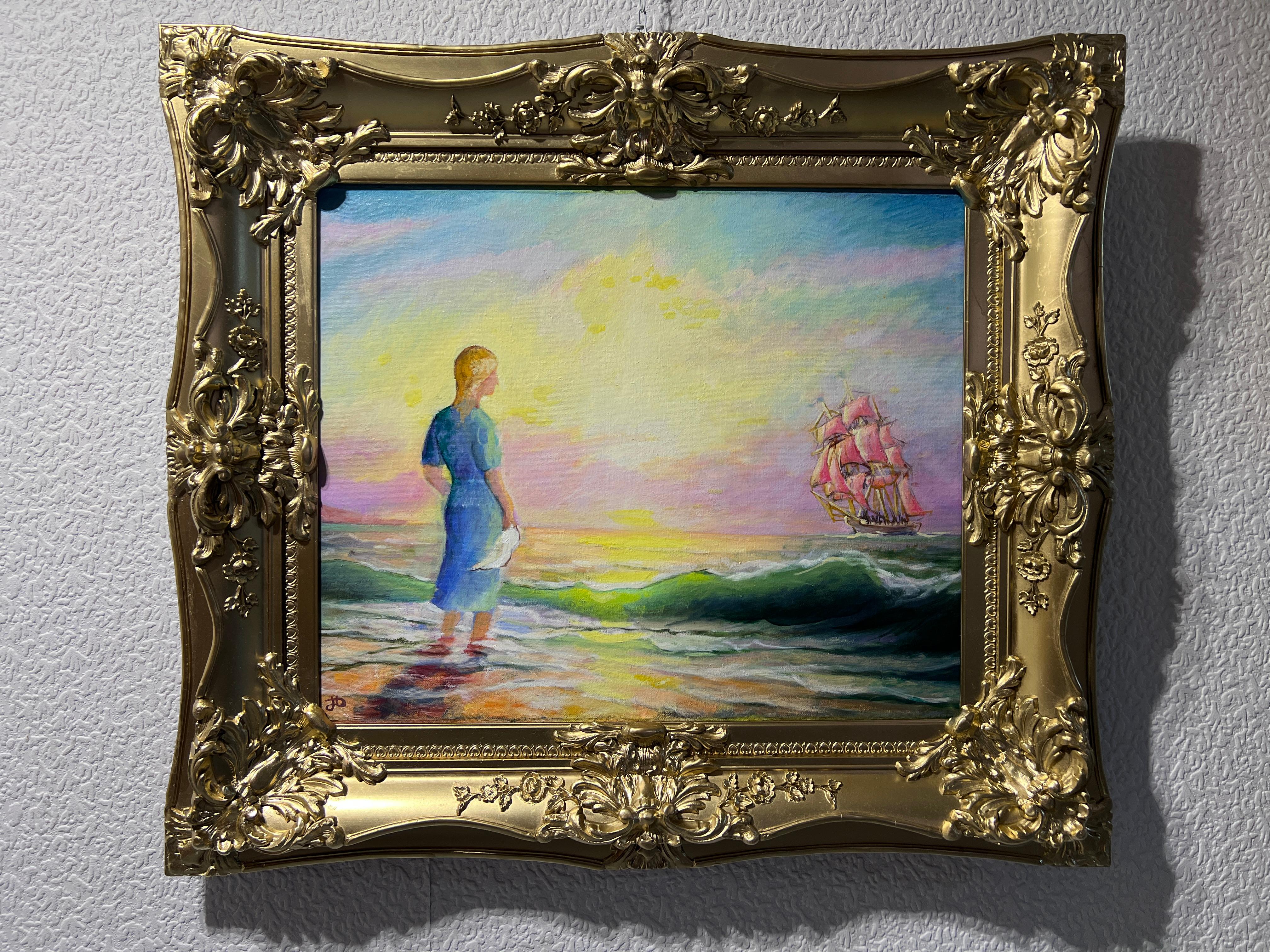 Künstlerin Dobritsin, Ölgemälde auf Leinwand, Meereslandschaft, „At Dawn“, Goldrahmen – Painting von Nicolay Dobritsin 