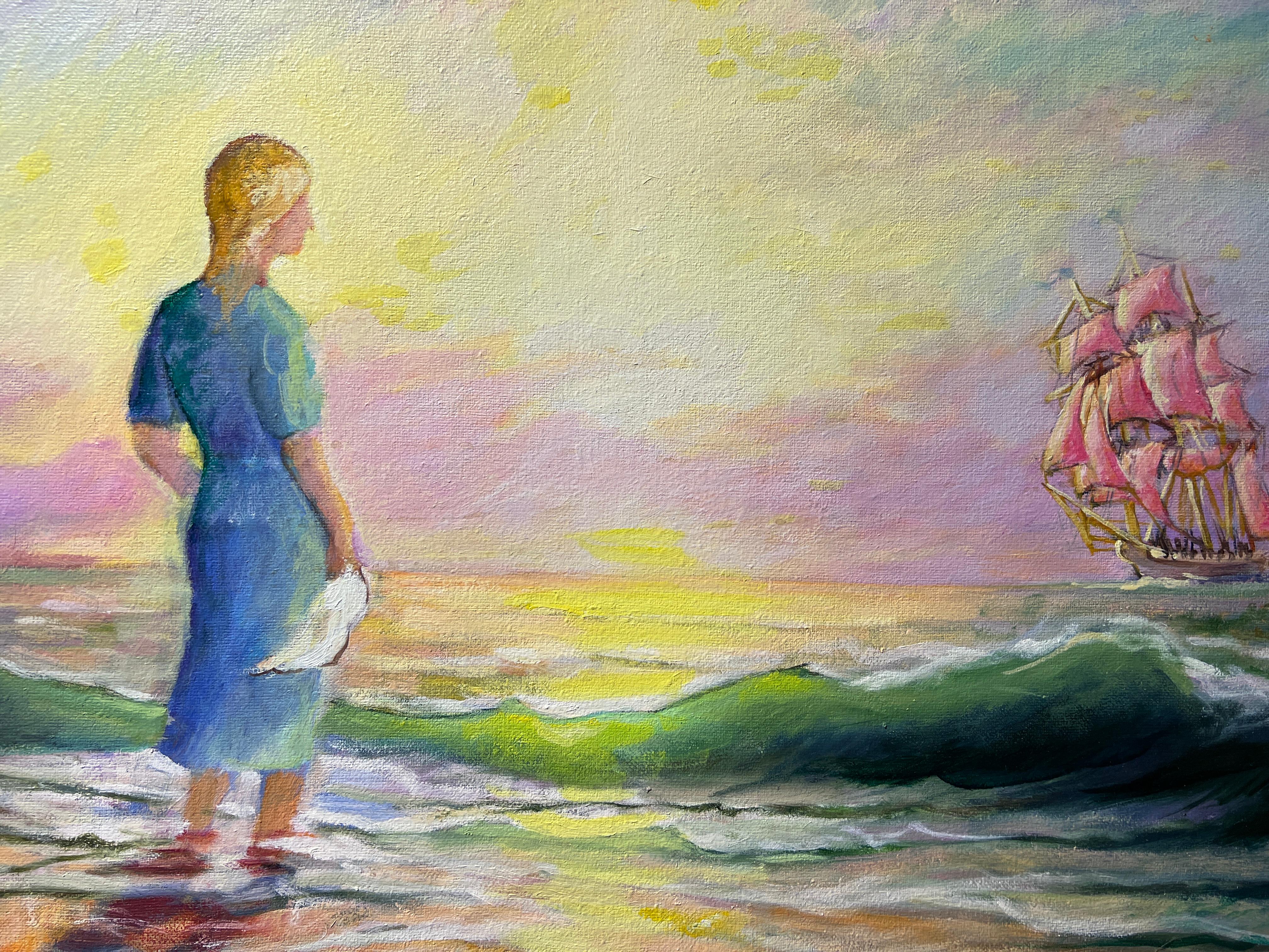 Künstlerin Dobritsin, Ölgemälde auf Leinwand, Meereslandschaft, „At Dawn“, Goldrahmen (Impressionismus), Painting, von Nicolay Dobritsin 