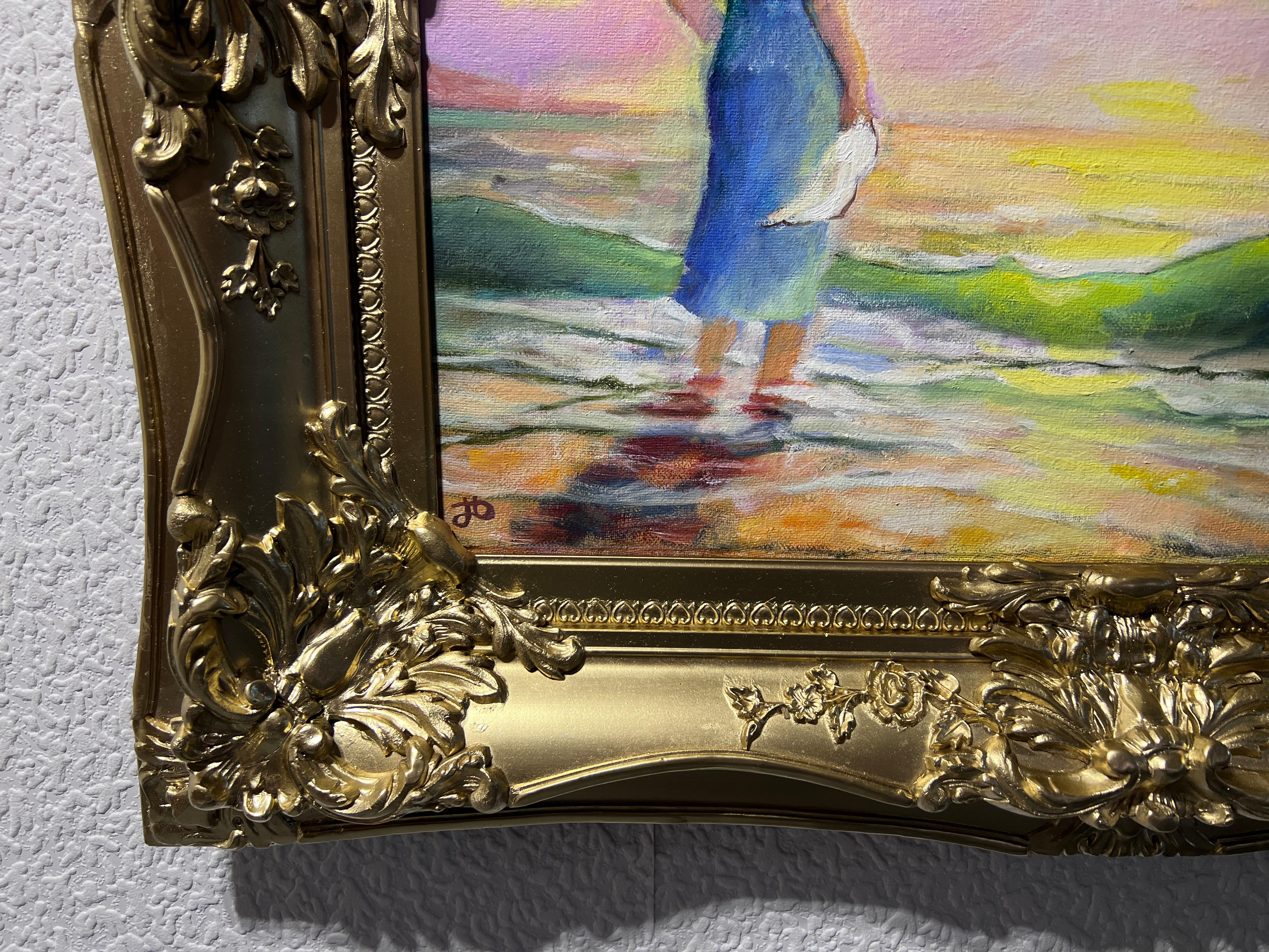 This is an original signed oil painting on canvas by Russian Artist  N.I. Dobritsin, depicting a young girl in a blue dress and with a white handkerchief in hand standing on the seashore, gazing at a sailboat with scarlet sails on the horizon. The