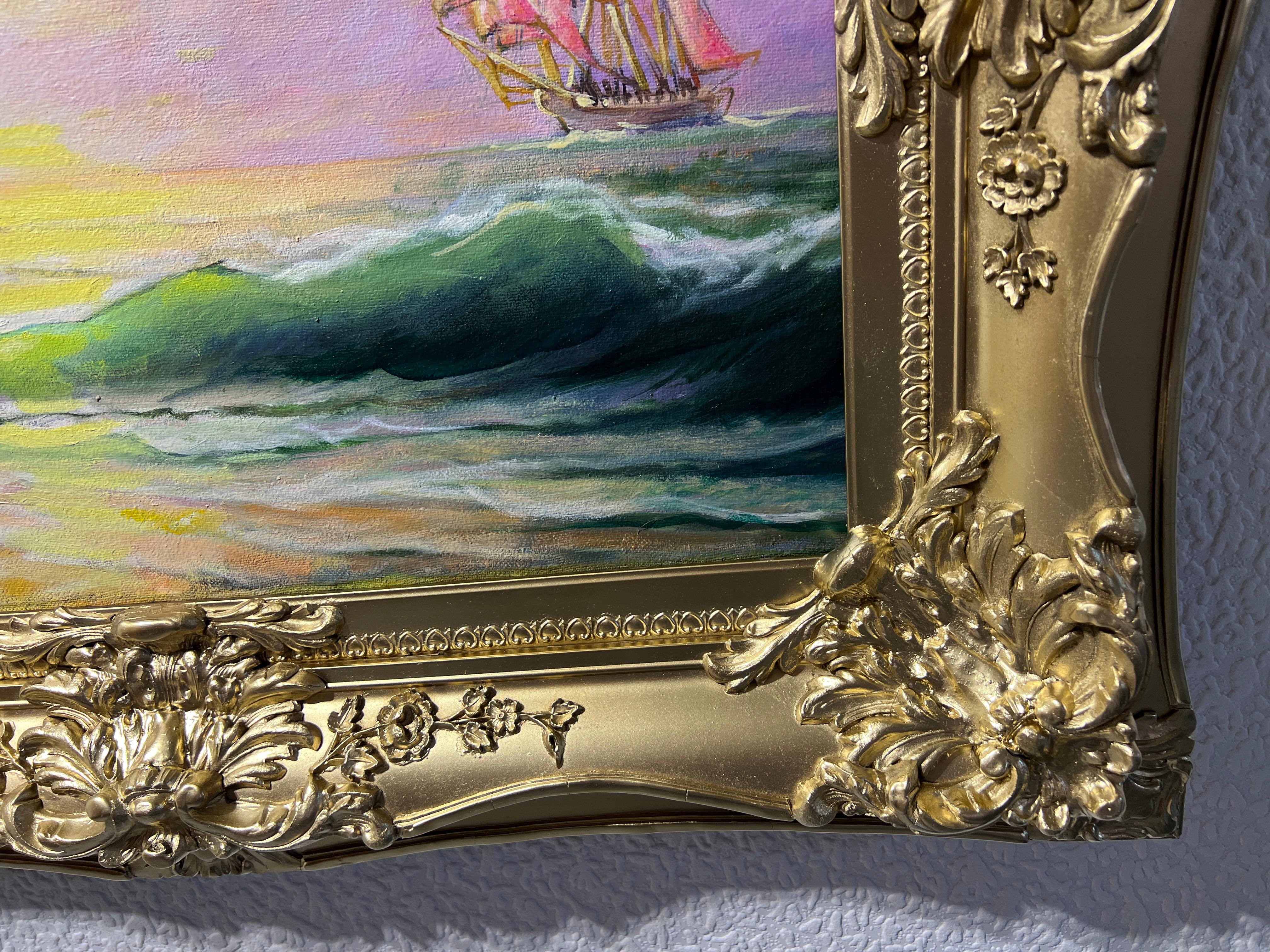 Künstlerin Dobritsin, Ölgemälde auf Leinwand, Meereslandschaft, „At Dawn“, Goldrahmen im Angebot 3