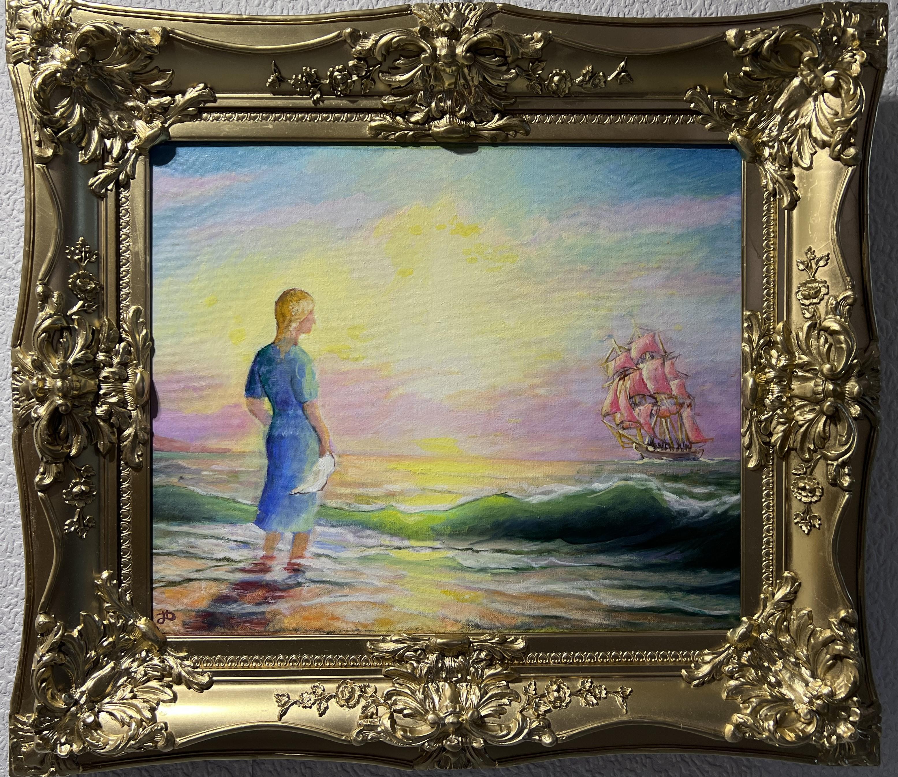 Nicolay Dobritsin  Landscape Painting – Künstlerin Dobritsin, Ölgemälde auf Leinwand, Meereslandschaft, „At Dawn“, Goldrahmen