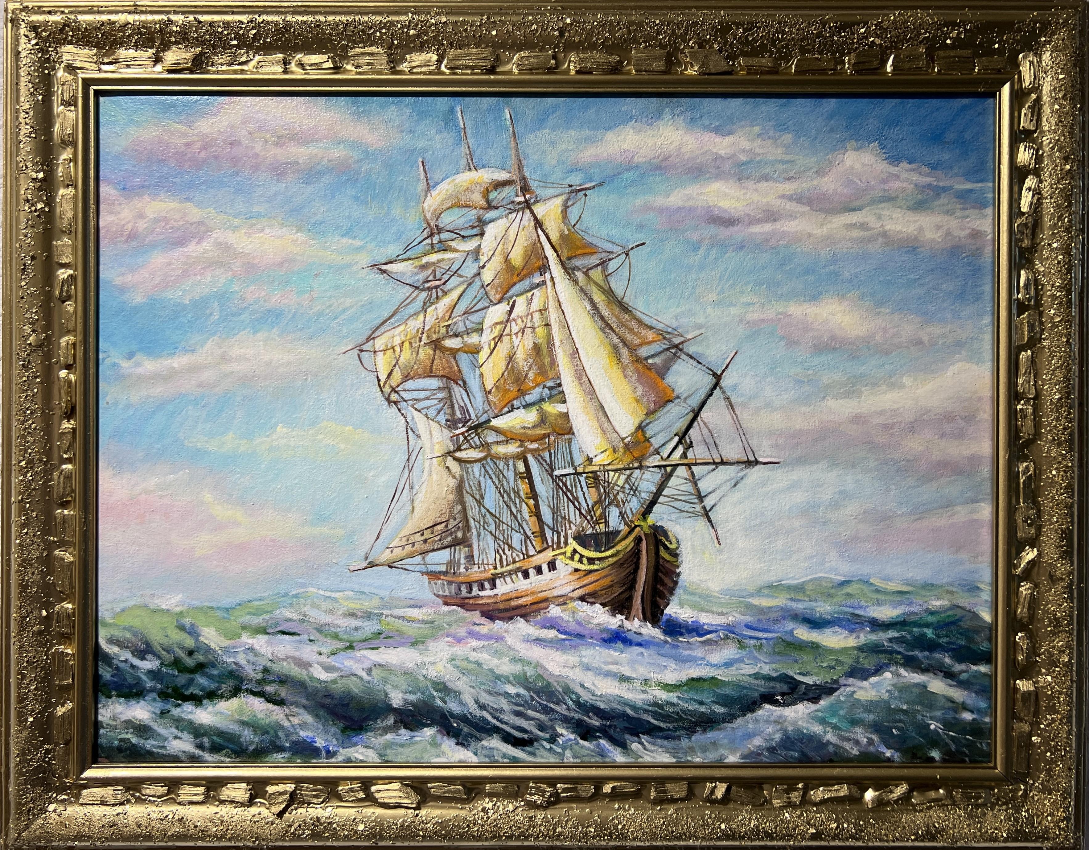 Nicolay Dobritsin  Landscape Painting - Artist Dobritsin Oil painting on canvas, seascape, "Fresh Breeze" Framed