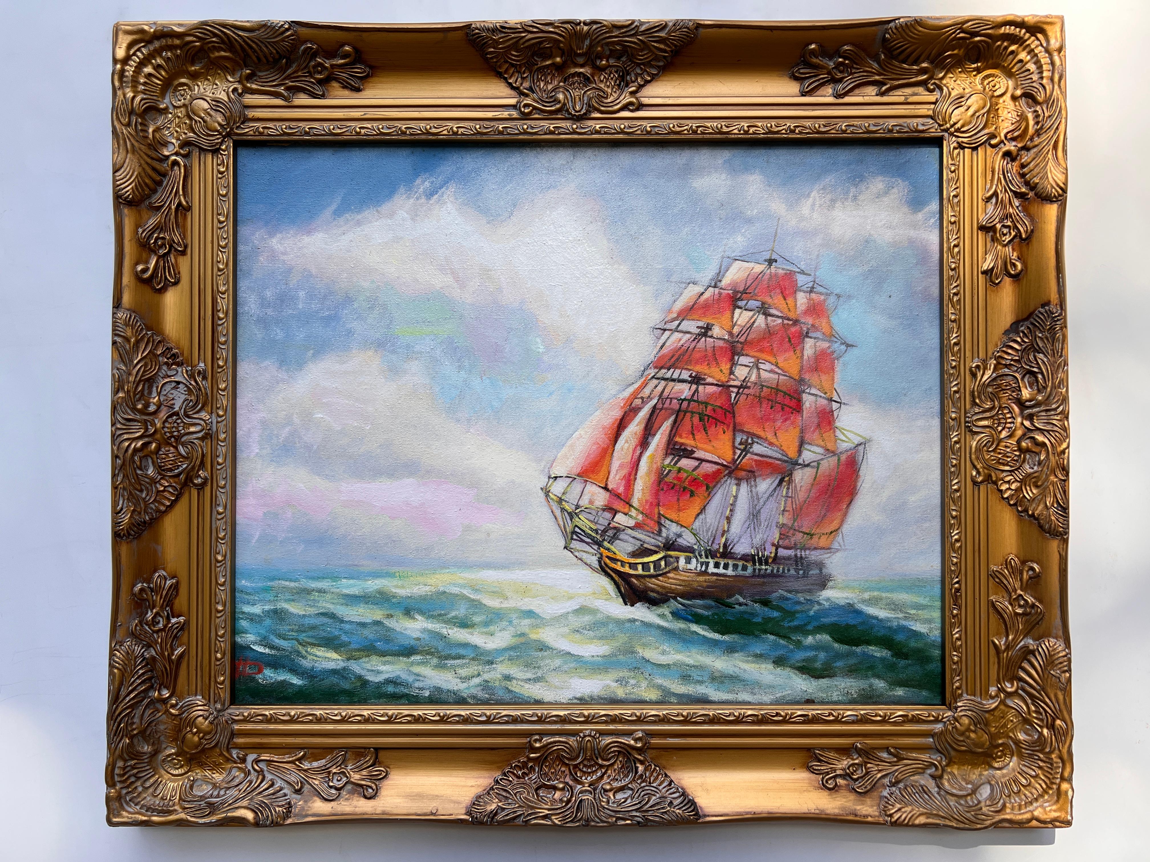 Artist Dobritsin Oil painting on canvas, seascape, Sailing ship, Framed - Painting by Nicolay Dobritsin 