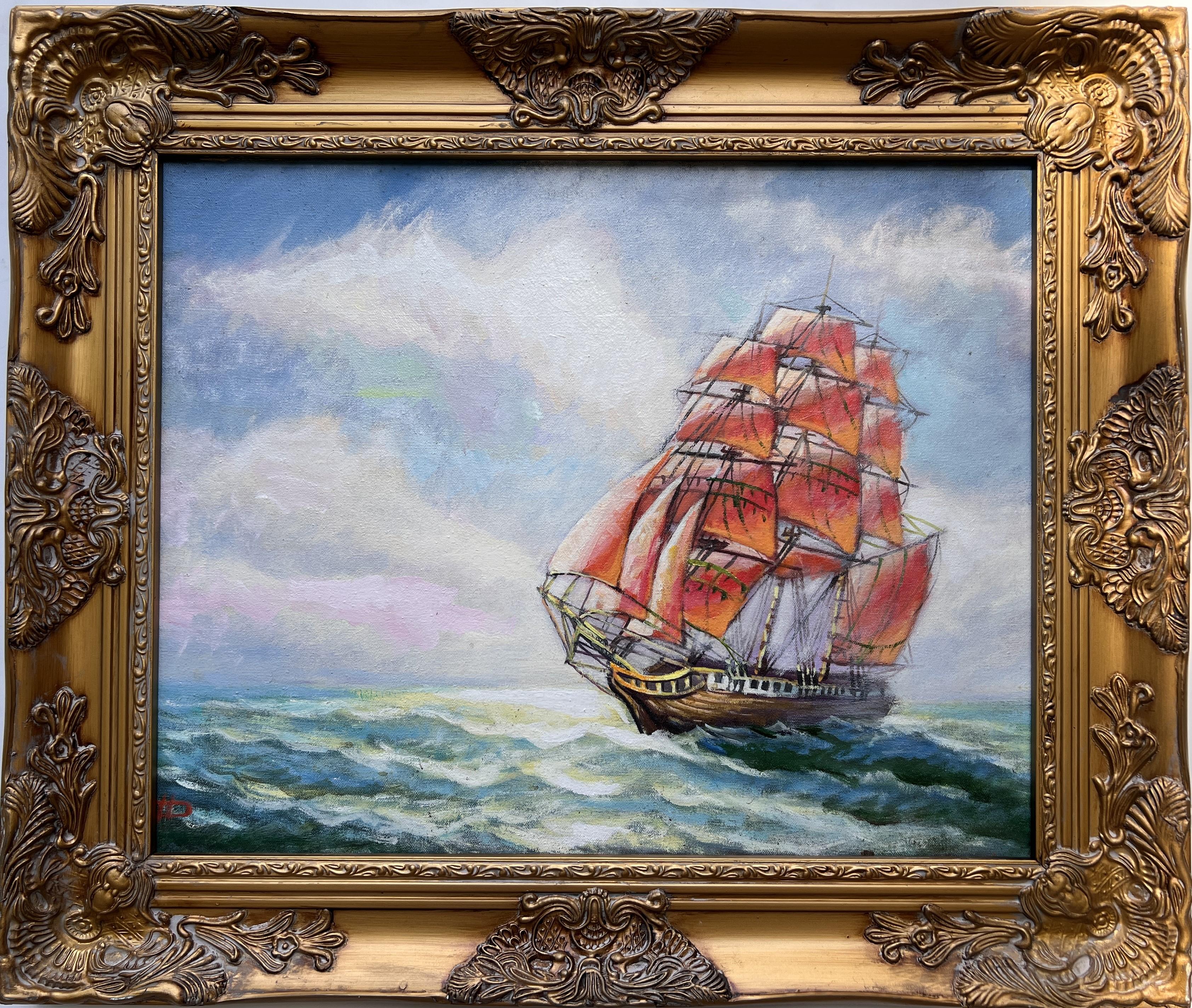 Nicolay Dobritsin  Landscape Painting - Artist Dobritsin Oil painting on canvas, seascape, Sailing ship, Framed