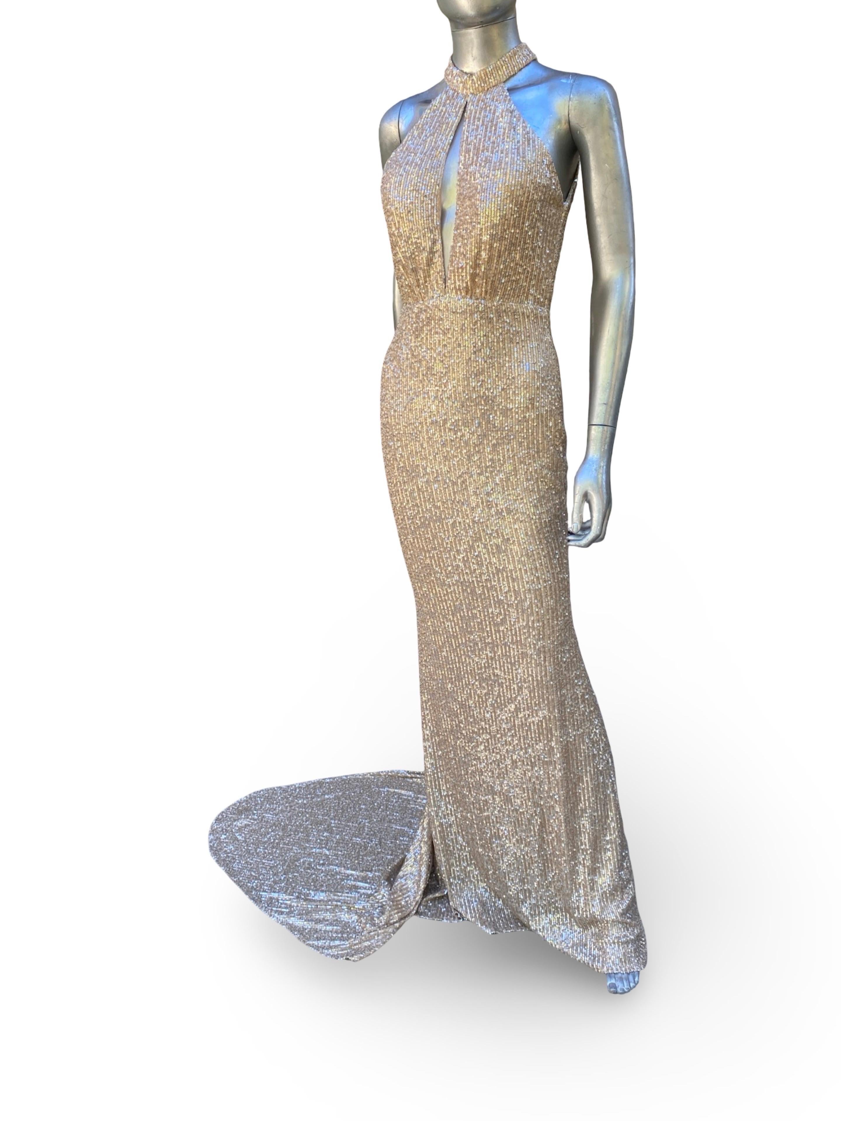 Nicole Bakti Flüssigkeit Rose Gold Pailletten Halter Abendkleid w / lange Schleppe Größe 8 im Angebot 6