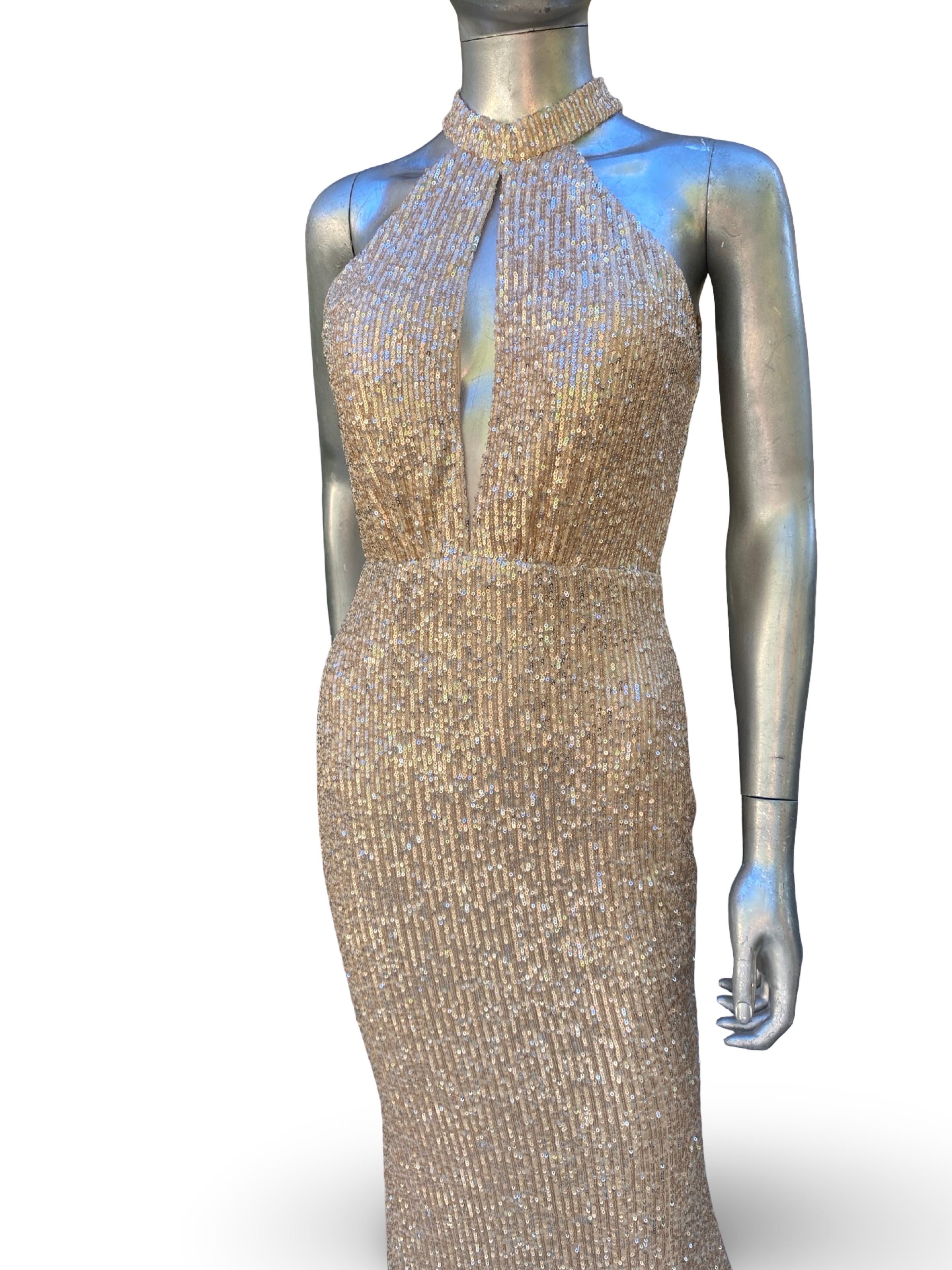 Nicole Bakti Flüssigkeit Rose Gold Pailletten Halter Abendkleid w / lange Schleppe Größe 8 im Angebot 7