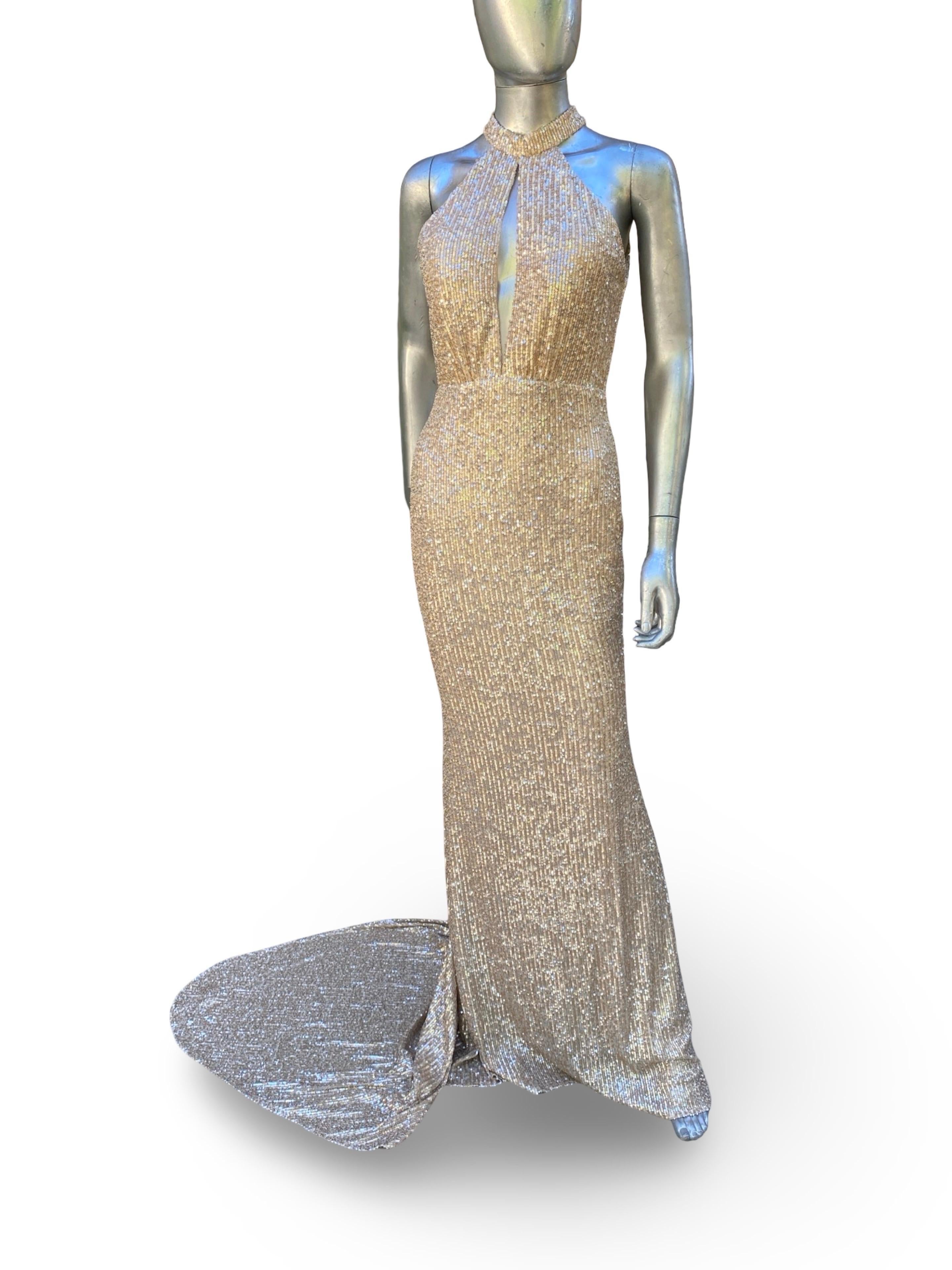 Nicole Bakti Flüssigkeit Rose Gold Pailletten Halter Abendkleid w / lange Schleppe Größe 8 im Angebot 8