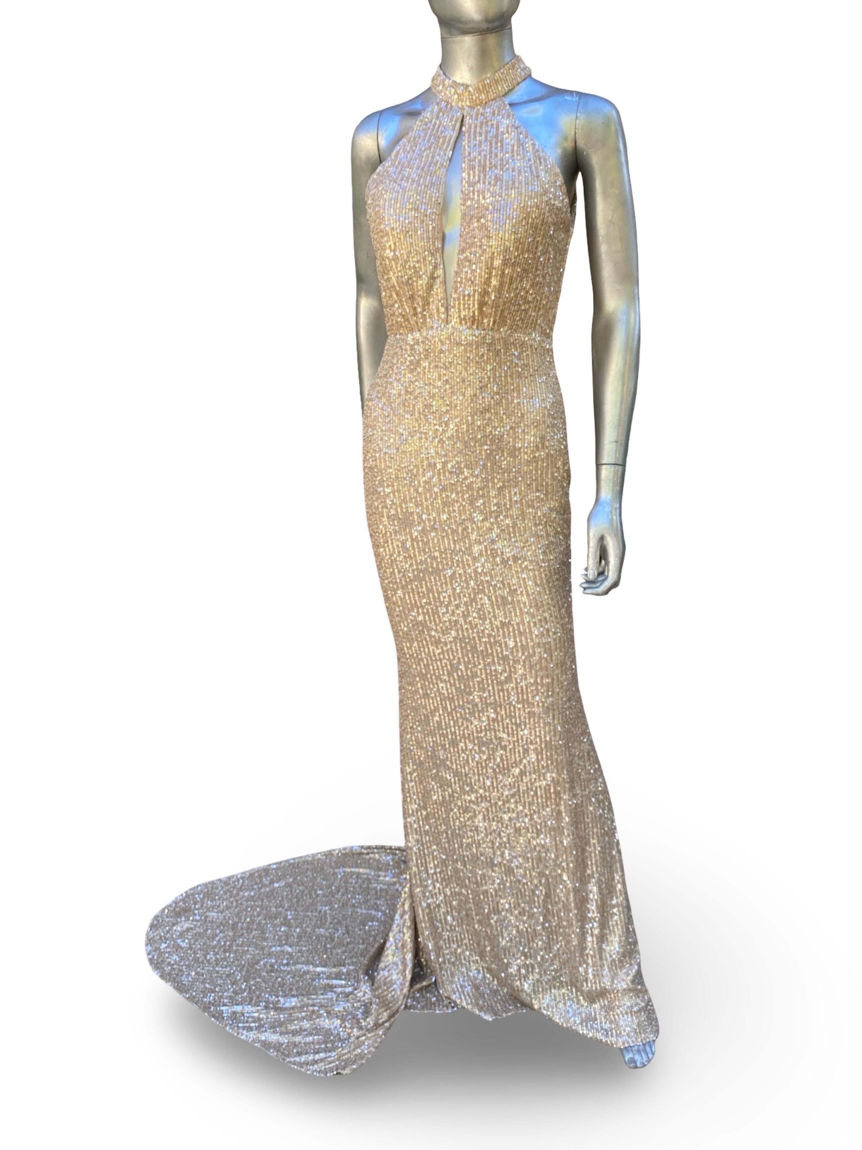 Nicole Bakti Flüssigkeit Rose Gold Pailletten Halter Abendkleid w / lange Schleppe Größe 8 (Grau) im Angebot