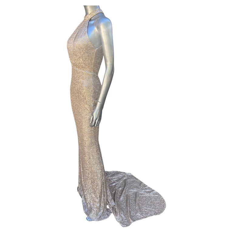 Nicole Bakti Liquid Rose Gold Sequin Halter Evening Dress w/ Long Train  Size 8 For Sale at 1stDibs