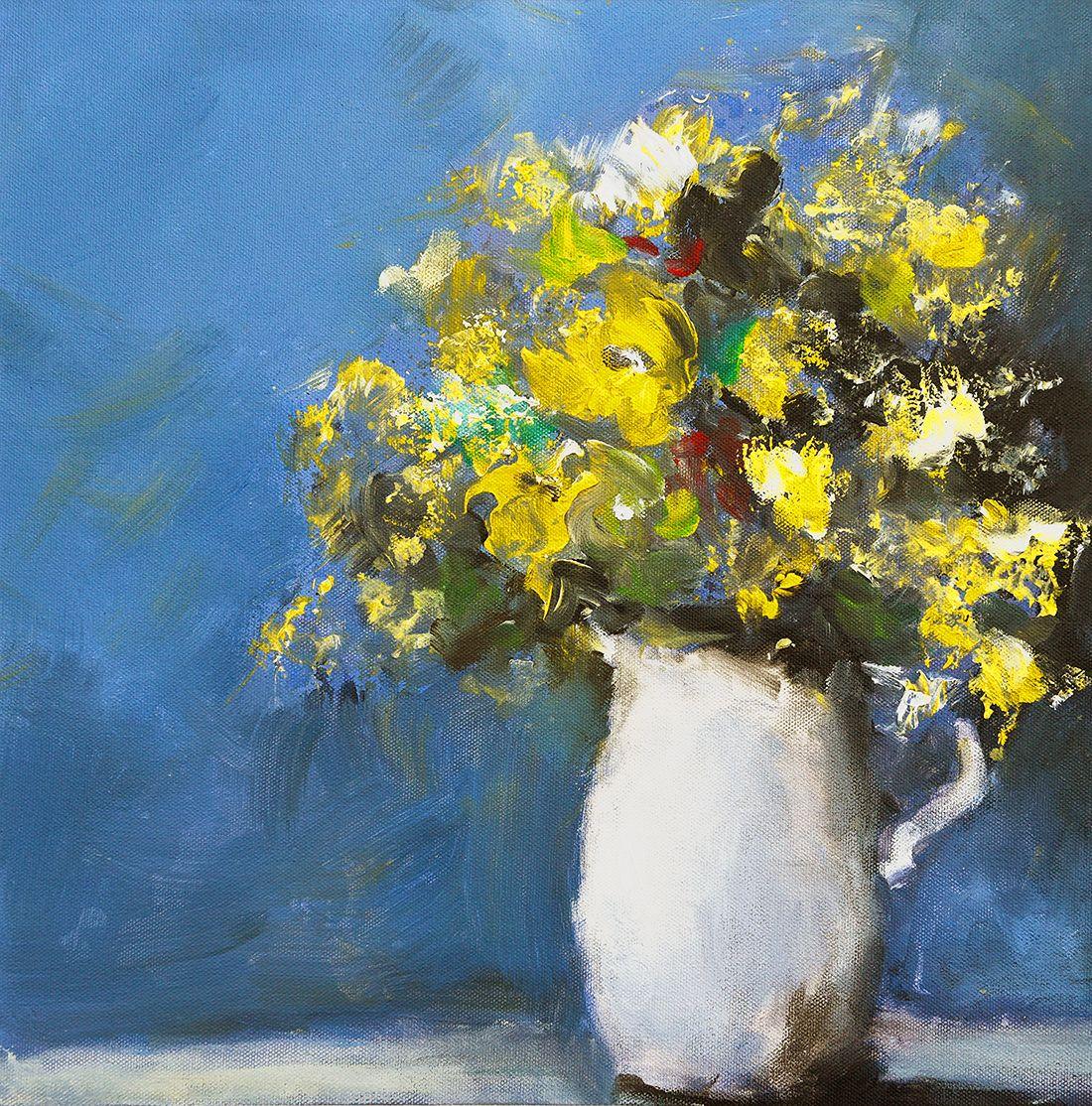 Flowers in White Pitcher, Painting, Acrylic on Canvas